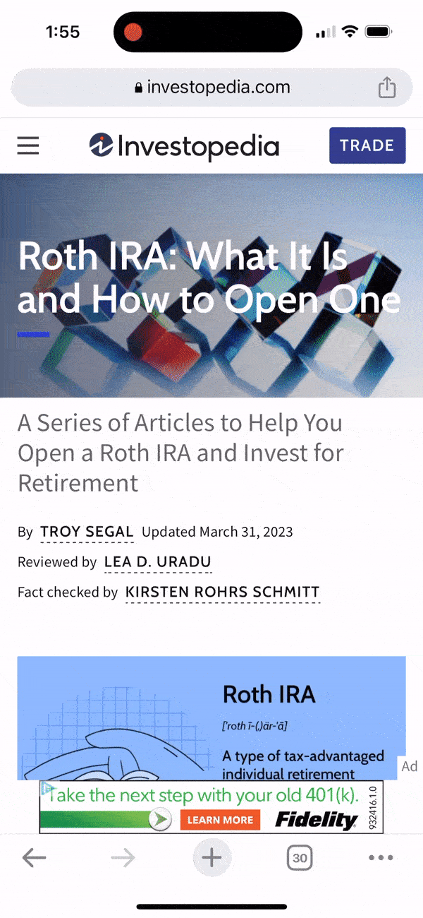 A mobile screen recording of table of contents sticked to the top when scrolling down