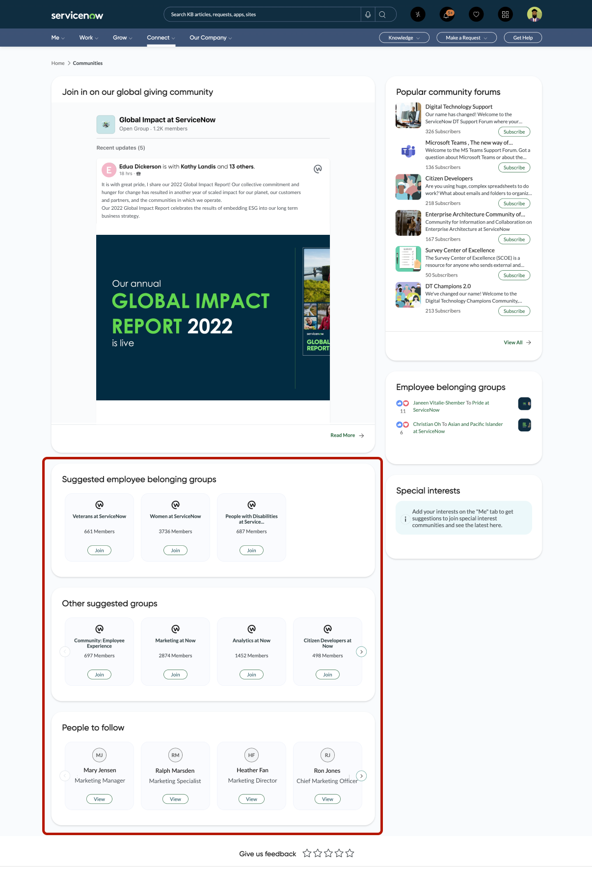 ServiceNow's Intranet uses AI to suggest groups and people