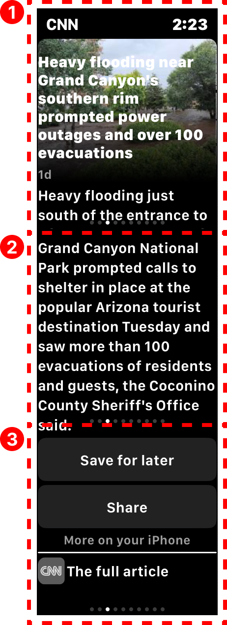 A summary of a news article broken up over multiple Apple Watch screens