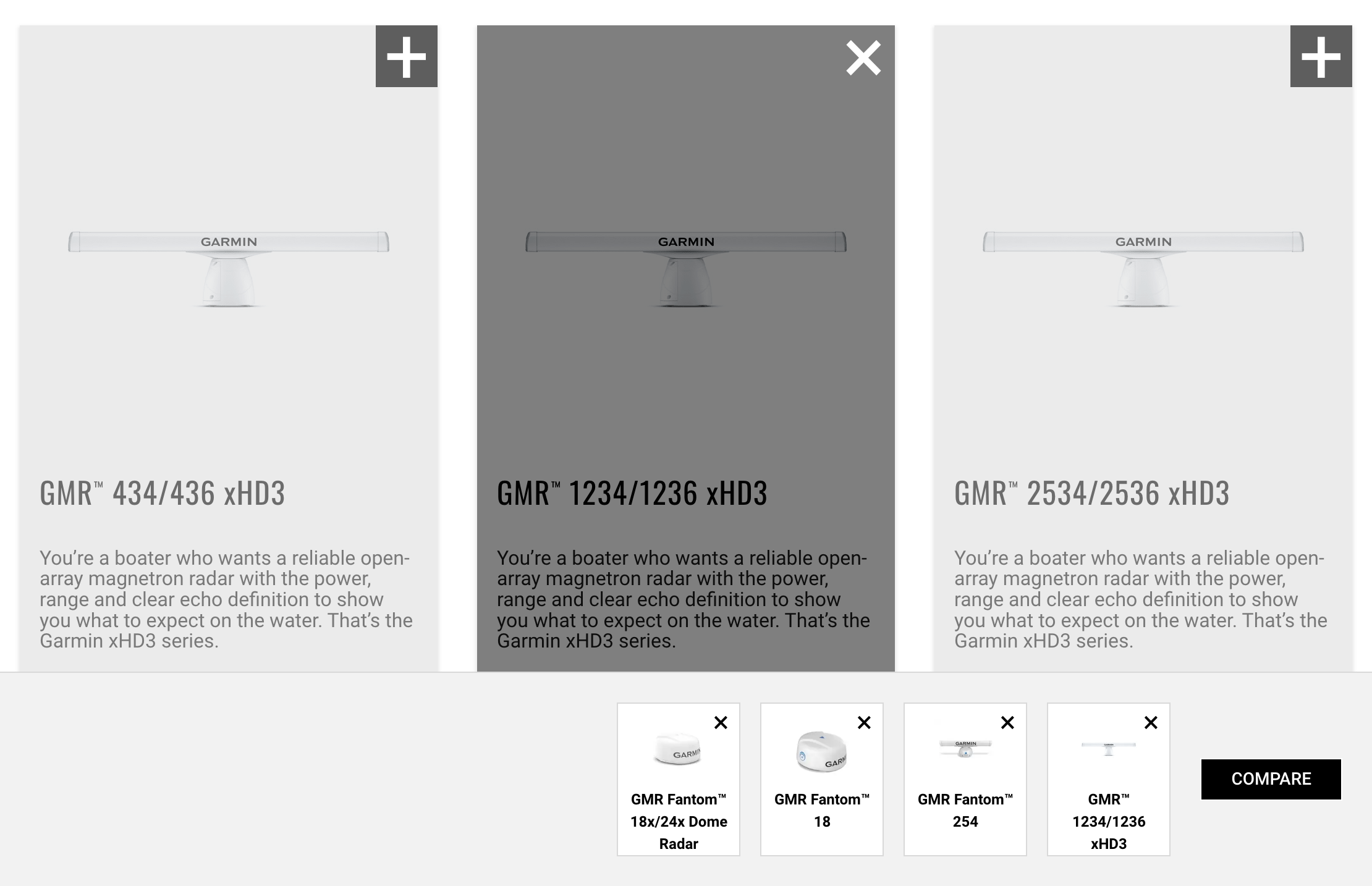 A screenshot of Garmin.com showing the compare button at the top of product listings.