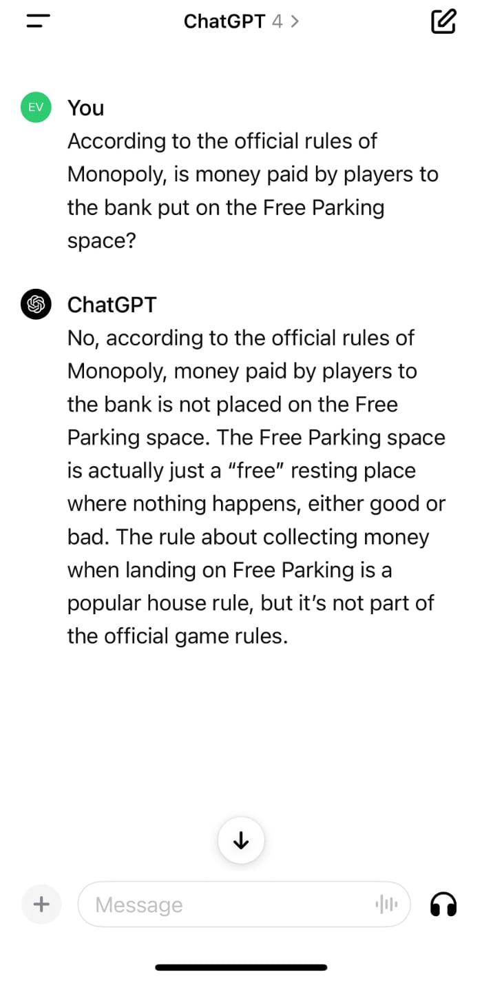 A ChatGPT chat where the user asks about the rules for the Free Parking space in Monopoly