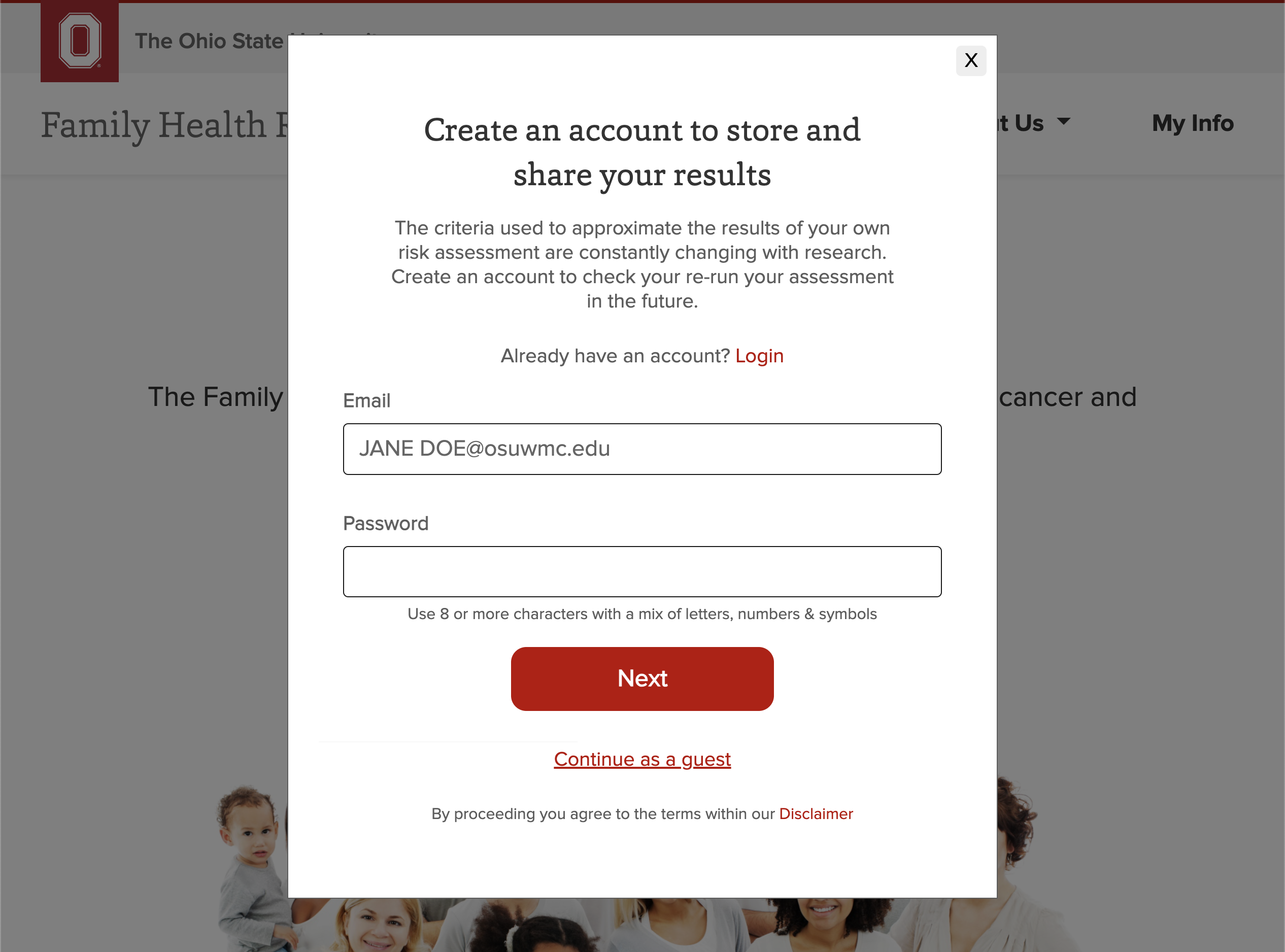 A pop up that allows users to "Continue as guest" rather than having to register to see results.