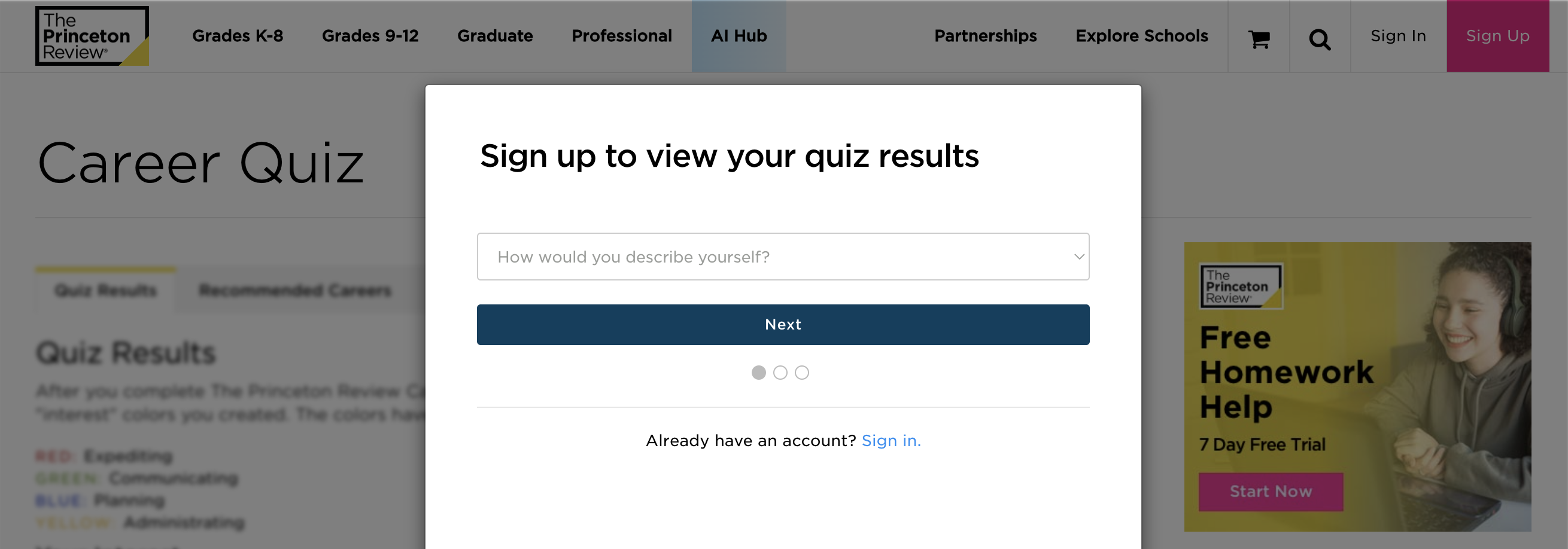 A pop up that requires users to sign up to see their results.