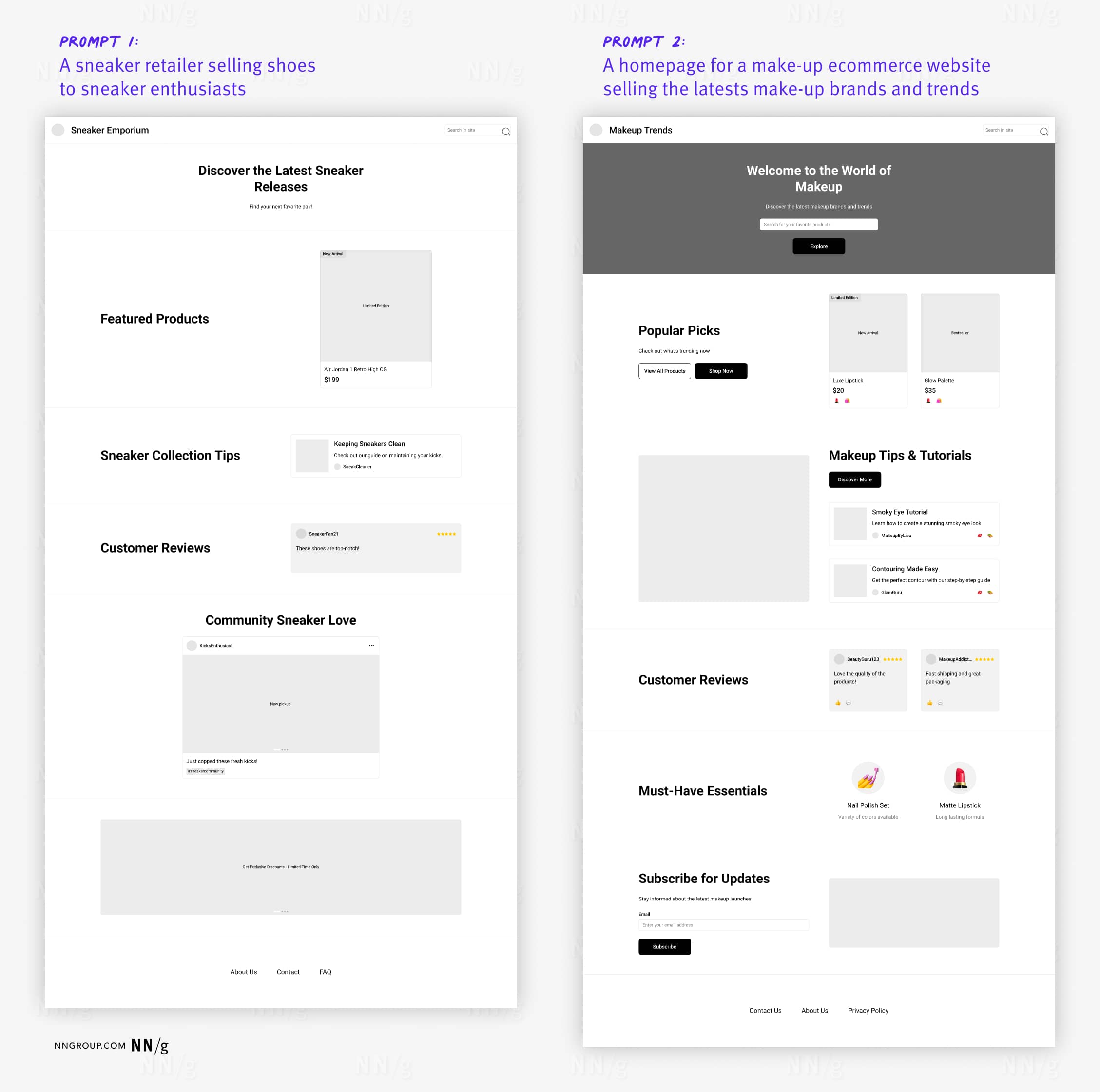 Two low fidelity wireframes generated by the Wireframe Designer plugin. The left wireframe was generated for the prompt 