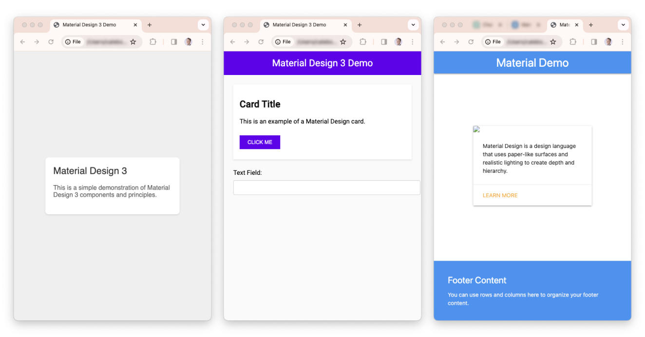 three separate screenshots showing basic HTML implementations of material design. all three designs are different.