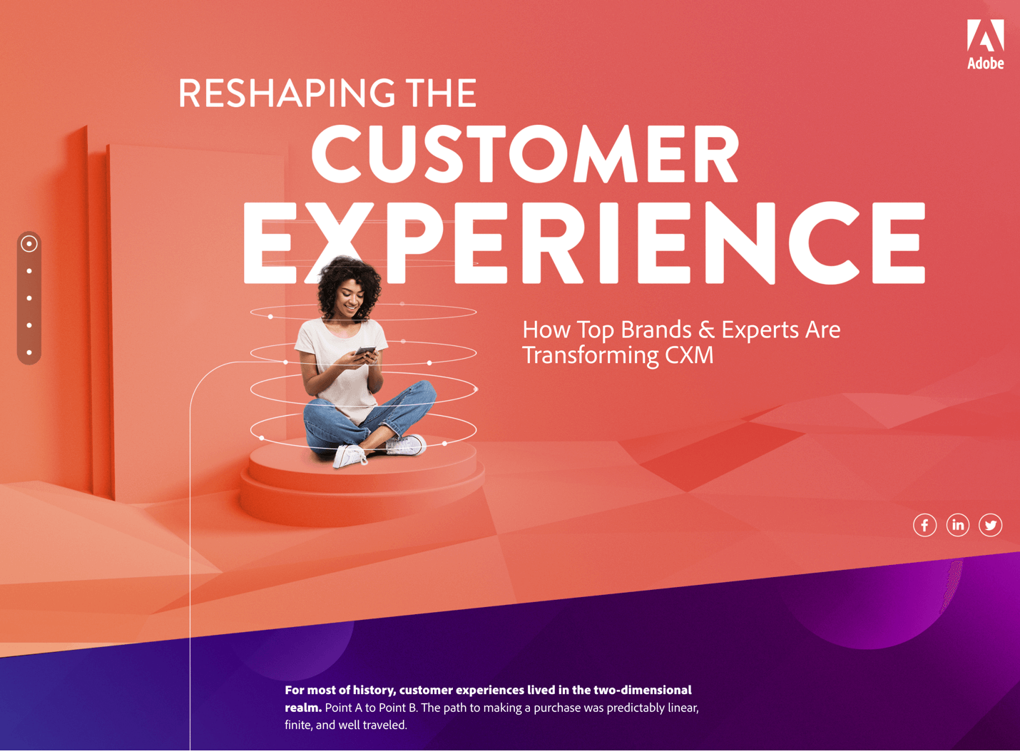 Adobe's CXM mini site has a small dot-style navigation, which is difficult to physically control and hard to understand its purpose