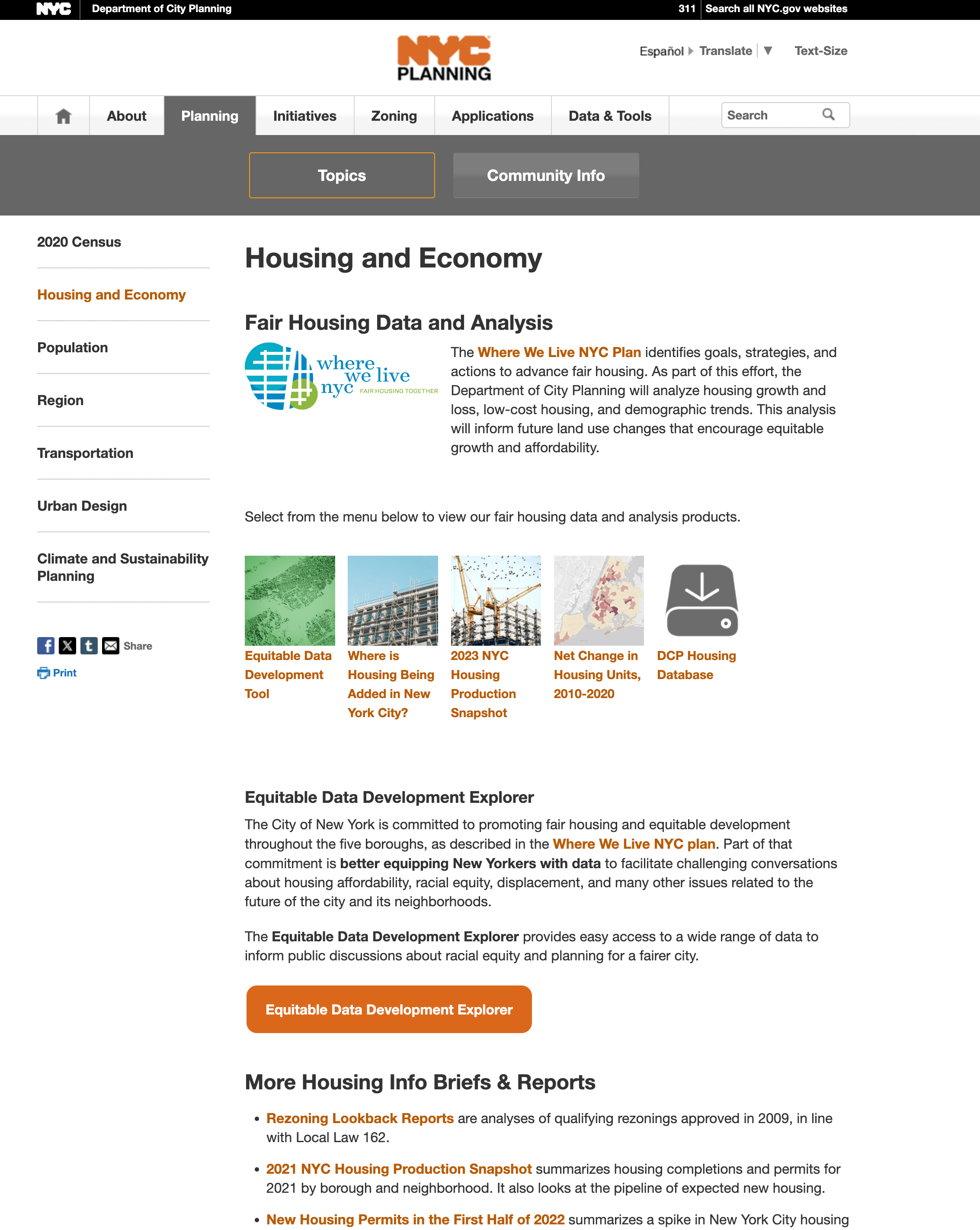 NYC Department of City Planning desktop website with local navigation on the left side