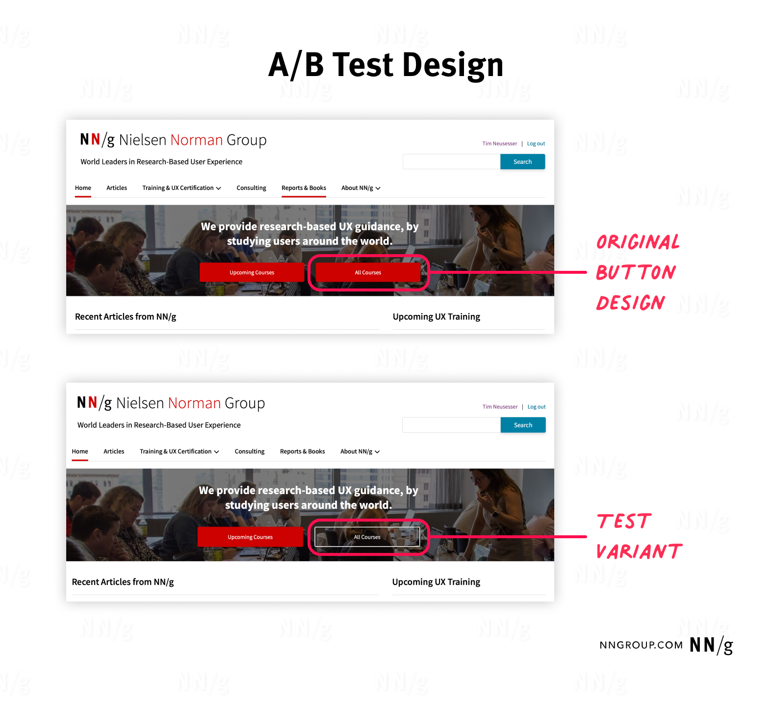 The image shows two screenshots of a website used to illustrate an A/B test design. Both screenshots are from the Nielsen Norman Group (NN/g) website, featuring a header section with navigation links and a prominent banner. The focus is on a red call-to-action button labeled 