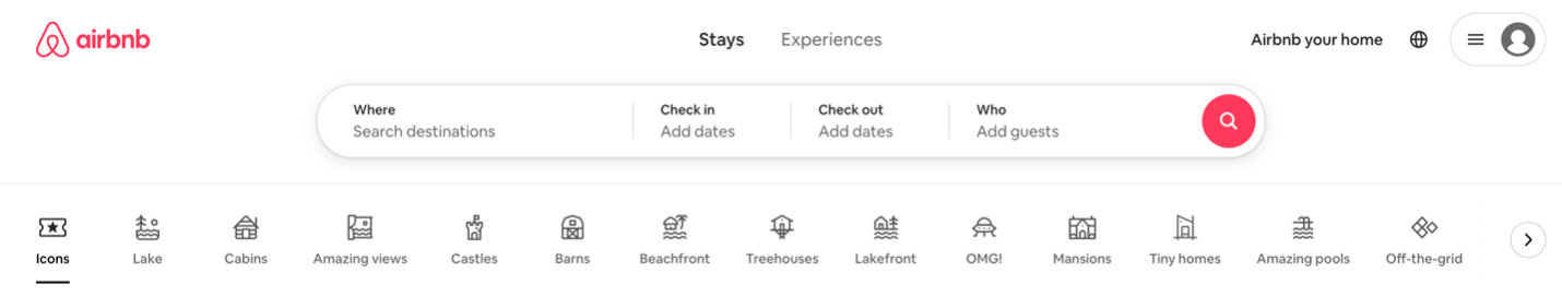 A navigation menu for AirBnB. It lists multiple categories of homes including lakes, cabins, tiny homes, and omg!