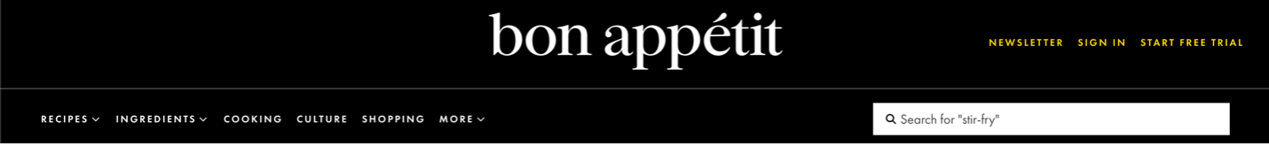 A navigation menu for Bon Appetit. It lists recipes, ingredients, cooking, culture, shopping, and the category more. 
