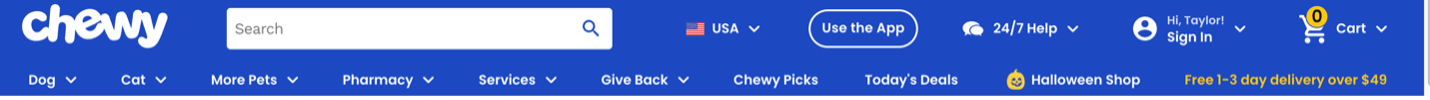 A navigation menu for Chewy. It lists dog, cat, more pets, pharmacy, services, give back, Chewy picks, today's deals, and Halloween shop 