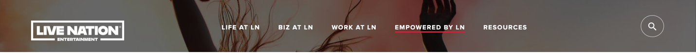 A navigation menu for Live Nation. It lists, life at LN, biz at LN, work at LN, empowered by LN, and resources.