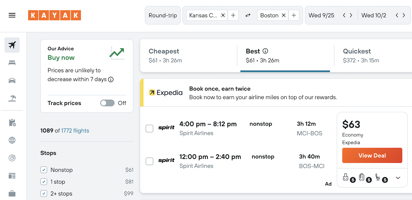 Our Advice box directs the customer to buy now, suggesting that prices are unlikely to decrease within 7 days/