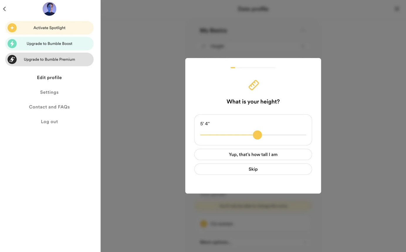 A screenshot of Bumble's Edit Profile page with a modal dialog for adjusting height using a slider control