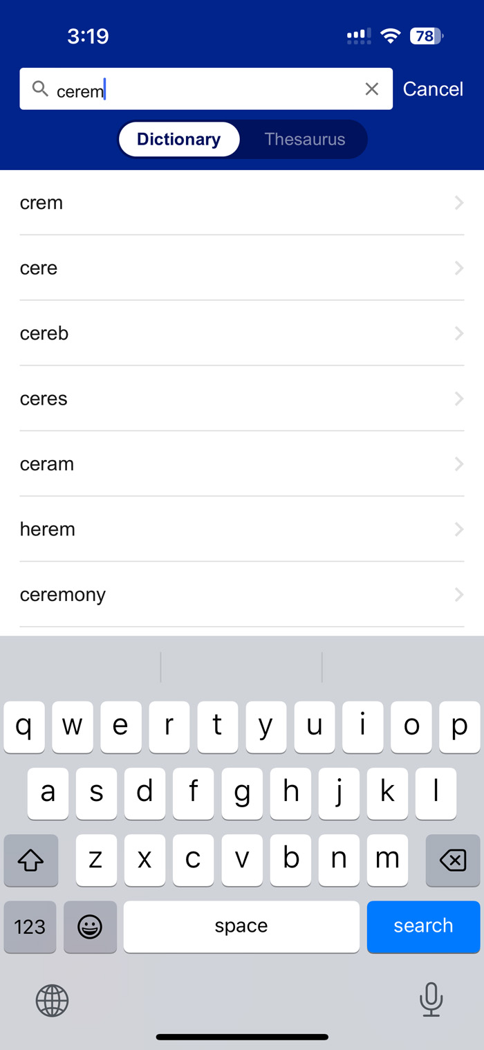 Typing into the search changes the words on the suggestion list with each character typed.