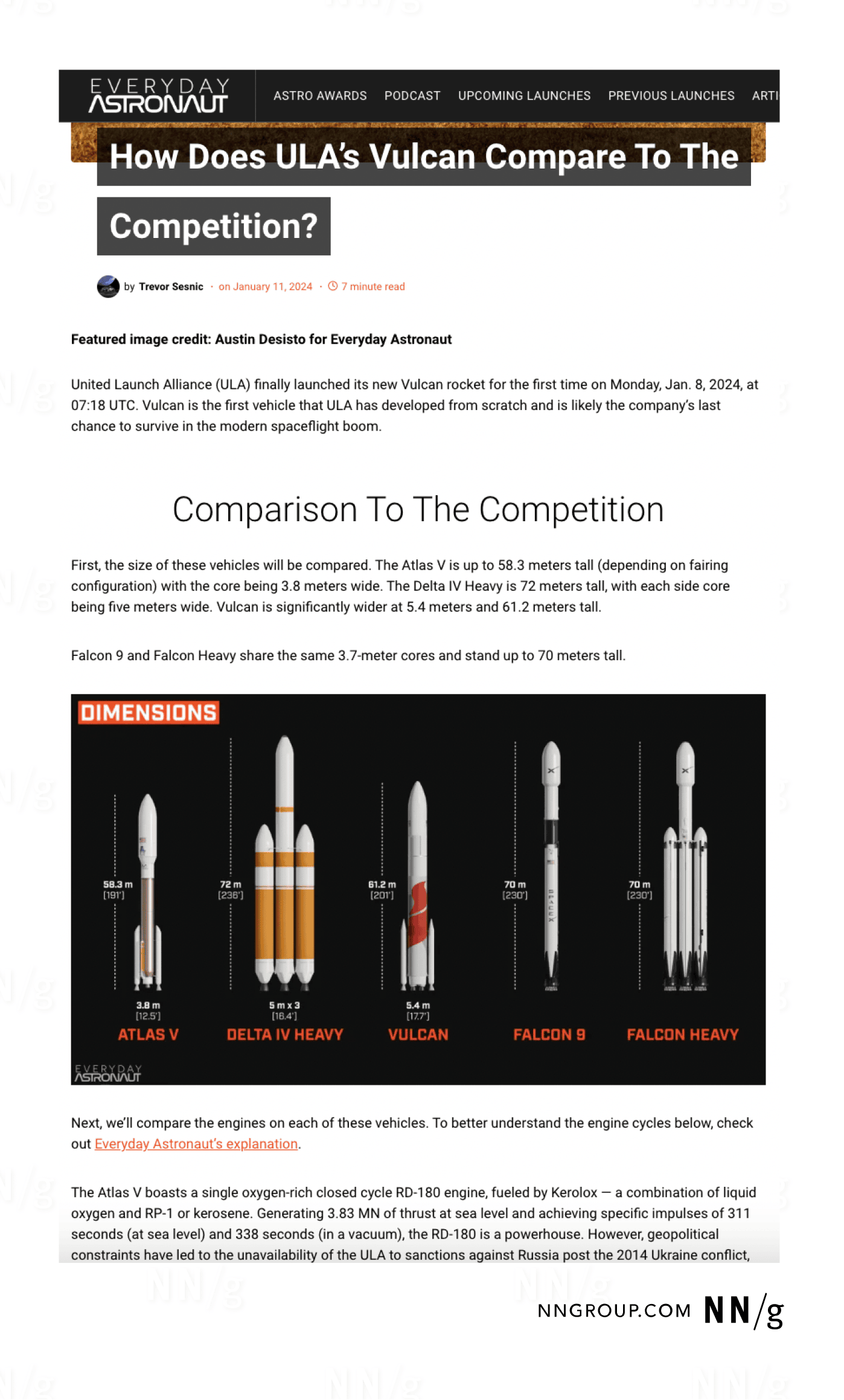 Screenshot of webpage with a diagram comparing the dimensions of 5 rocket models, surrounded by page copy summarizing the diagram.