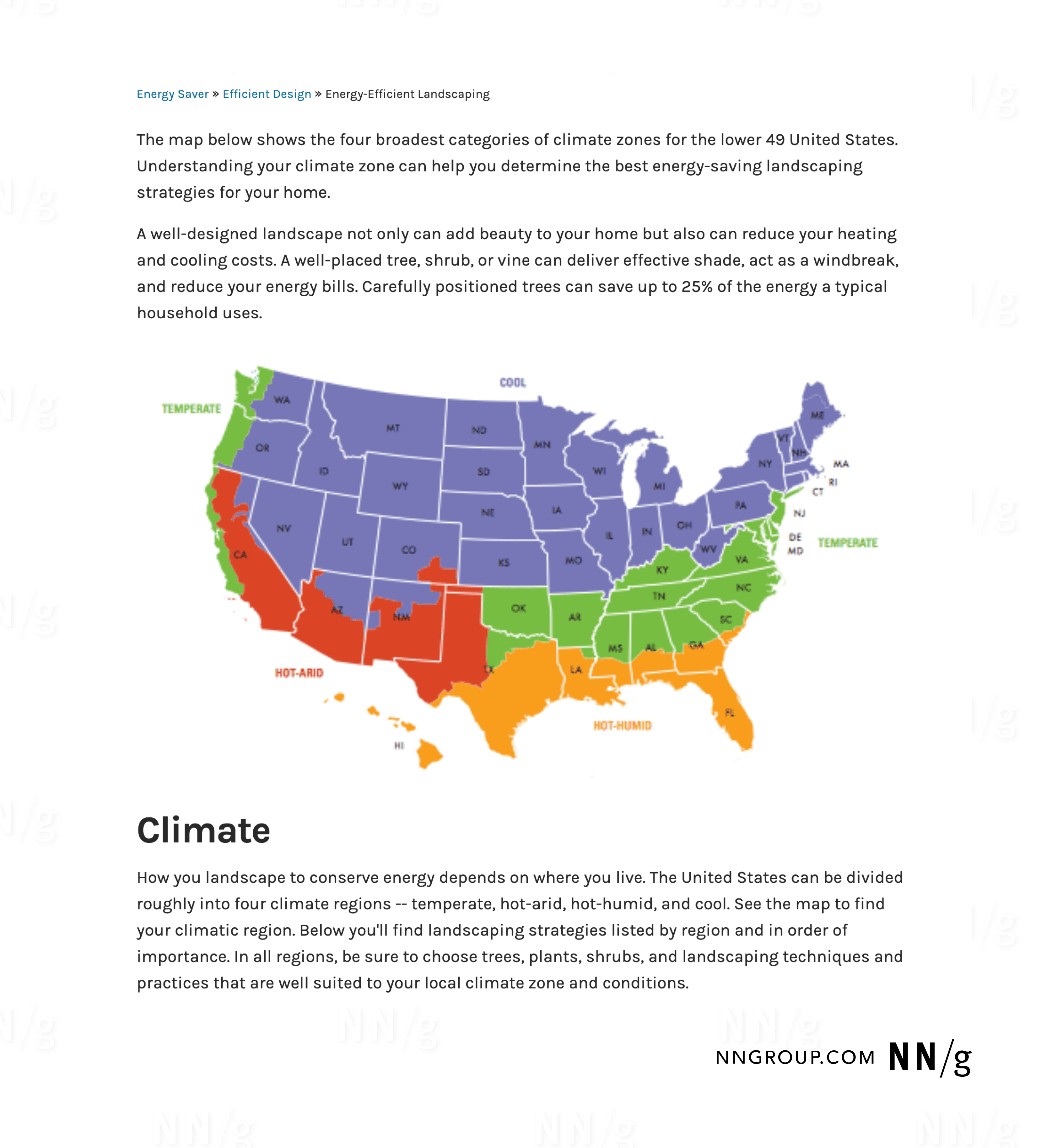 A screenshot of a United States map color-coded to represent the four categories of climate zones referenced throughout the surrounding page copy. 