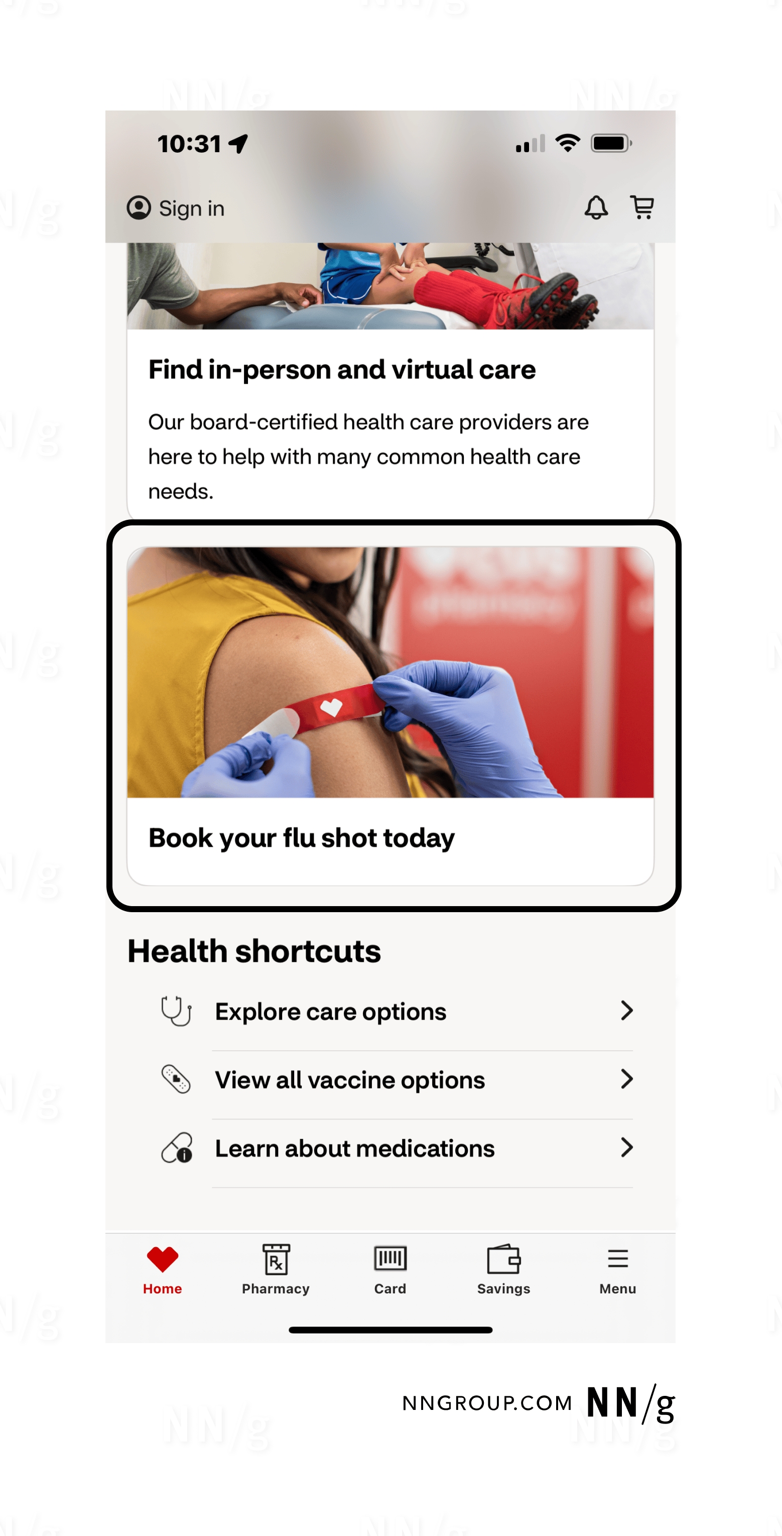 Screenshot of mobile application for booking a flu shot featuring a button labeled, 'Book your flu shot today' with an embedded image. 