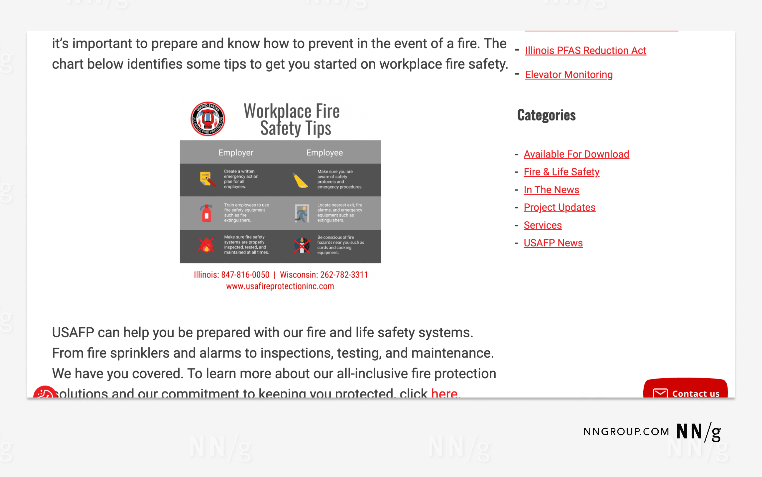 Screenshot of webpage featuring a graphic of six fire safety tips.