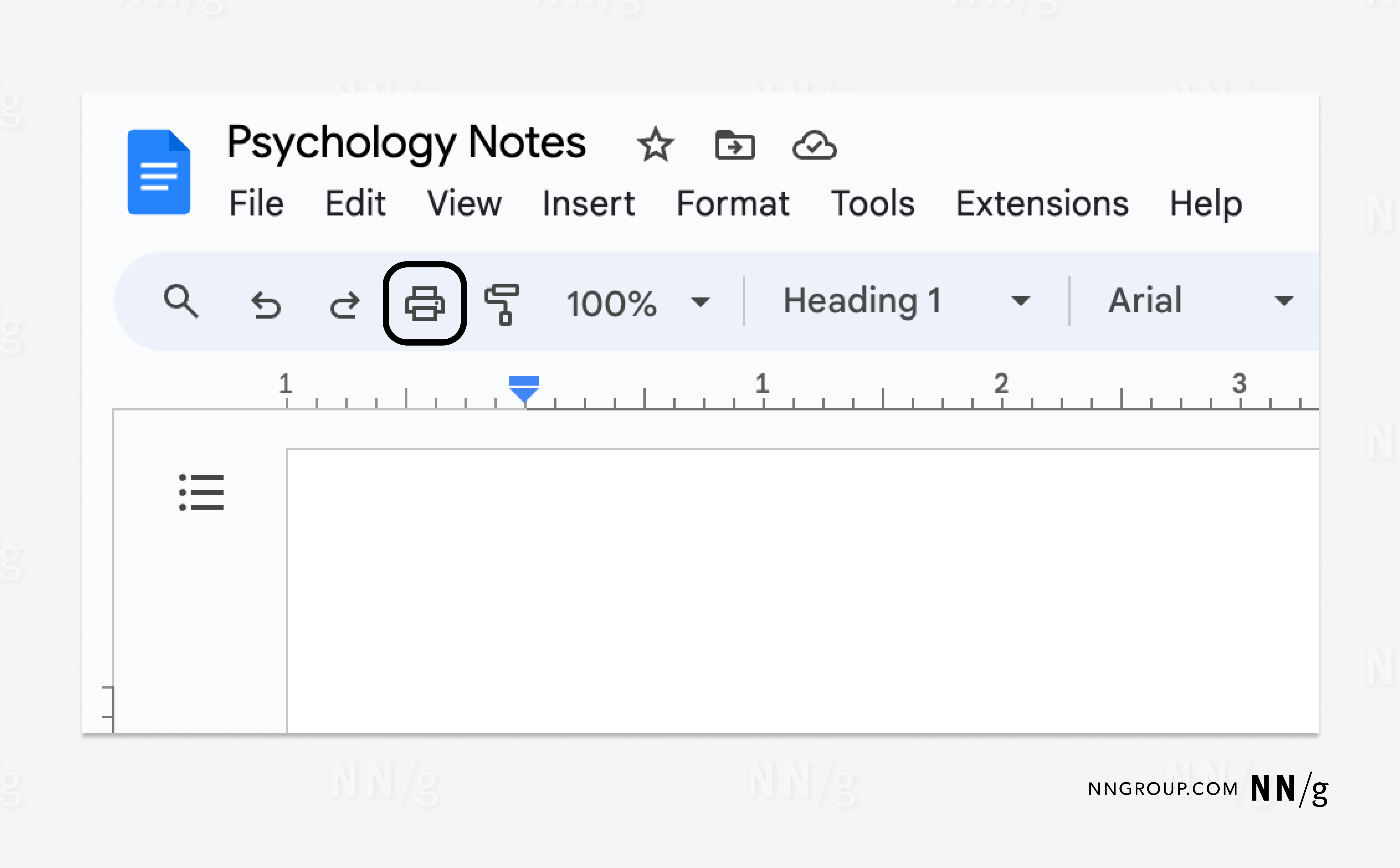 Screenshot of a Google Document toolbar highlighting the printer icon.