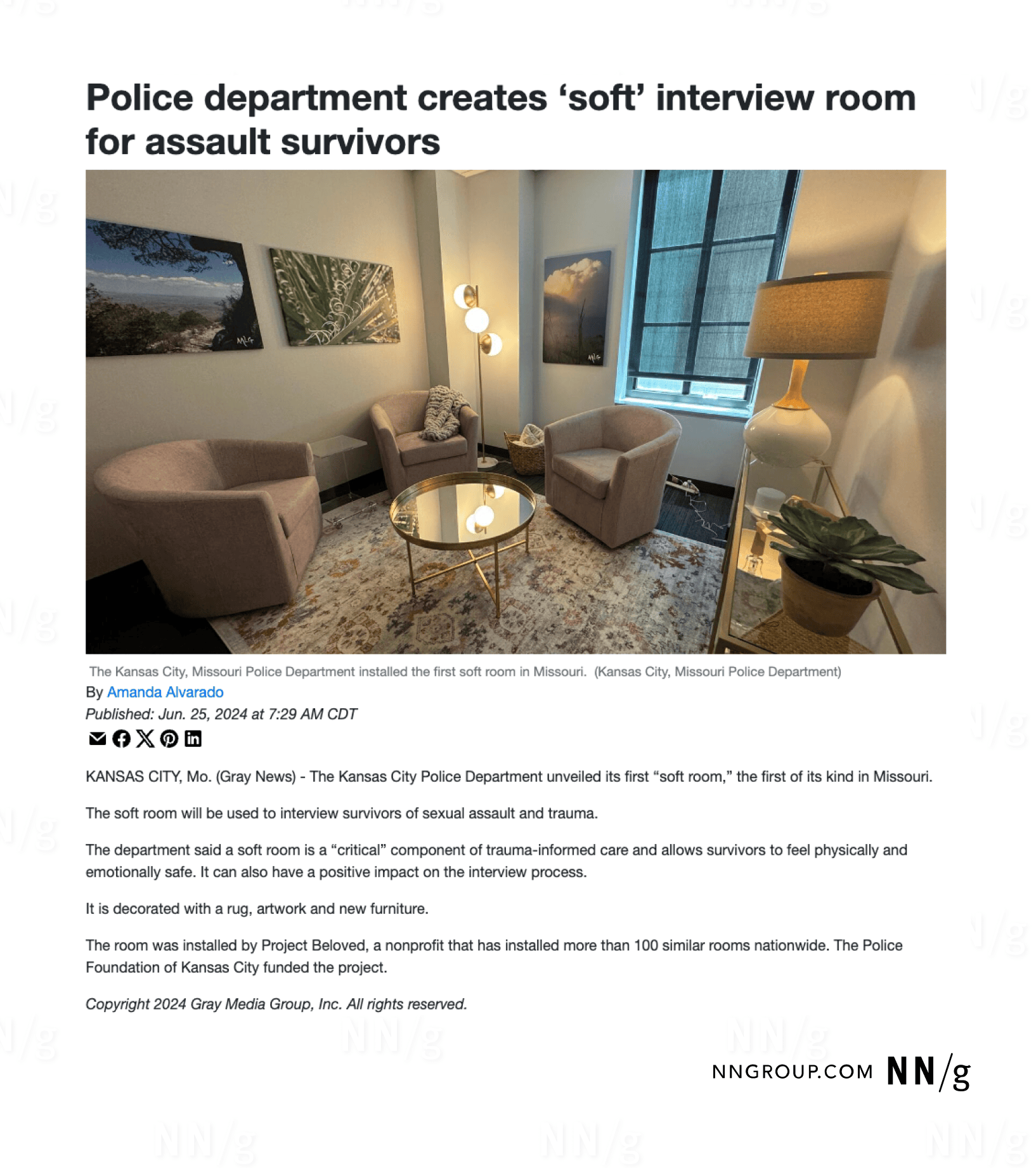 Screenshot of an article about 'soft' interview rooms featuring an image that shows the room in more detail than the body of the article describes.