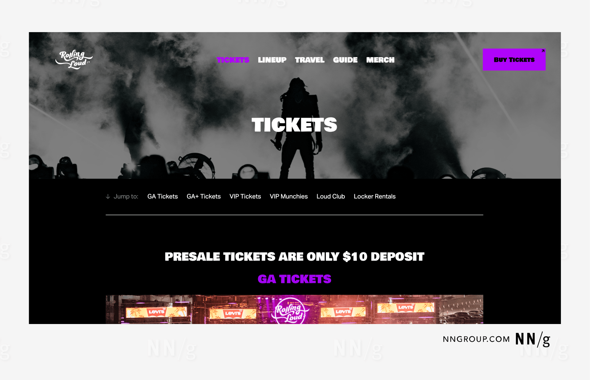 Screenshot of a ticket purchasing webpage featuring hero image of live concert performance in the background. 