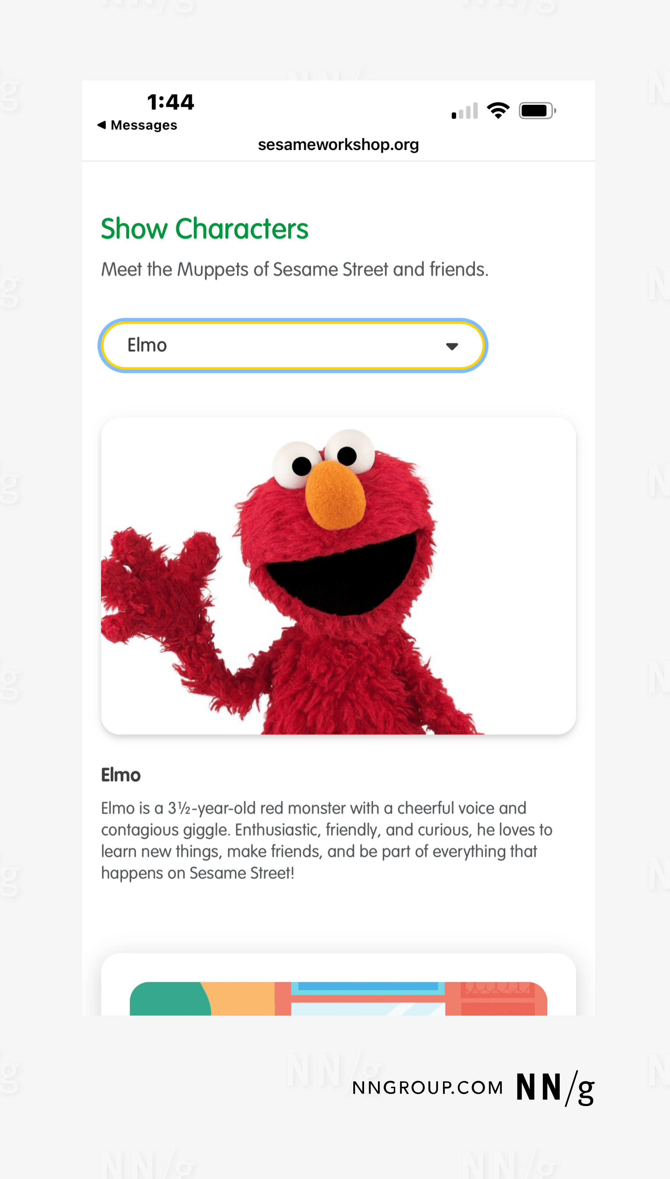 Screenshot of webpage featuring Sesame Street character, Elmo, alongside a description of his physical characteristics and personality.