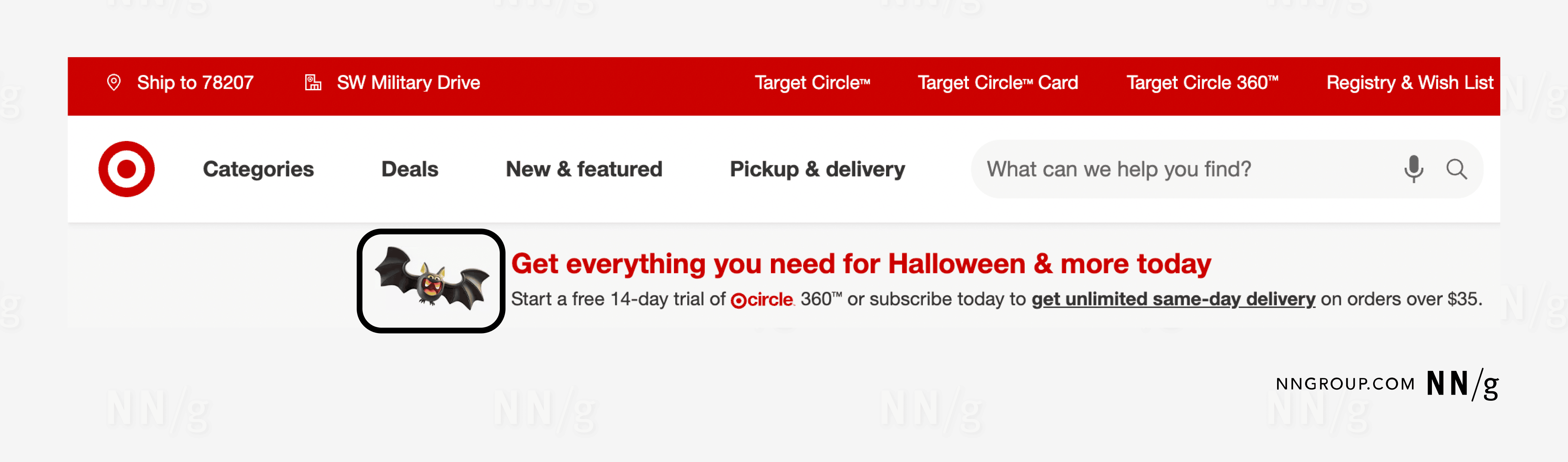 Screenshot of Target webpage advertising Halloween products featuring a decorative cartoon bat.
