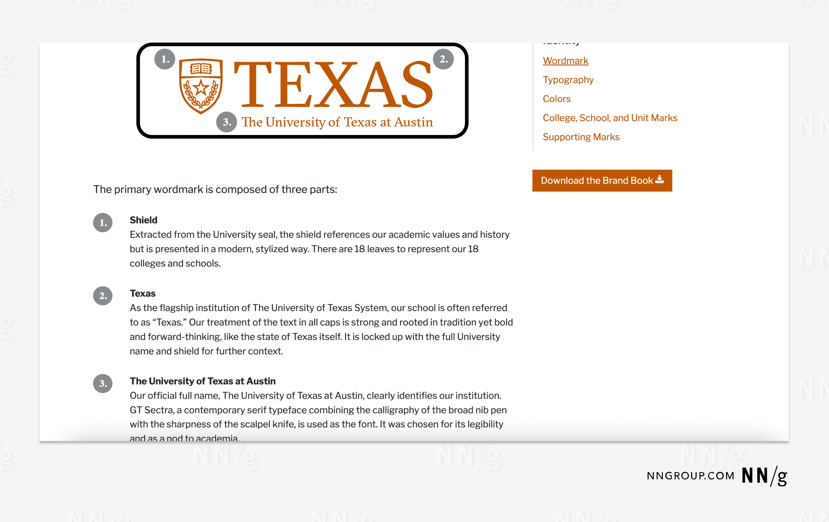 Screenshot of UT Austin Brand Guidelines Page with large UT logo centered on page with explanation of logo below.