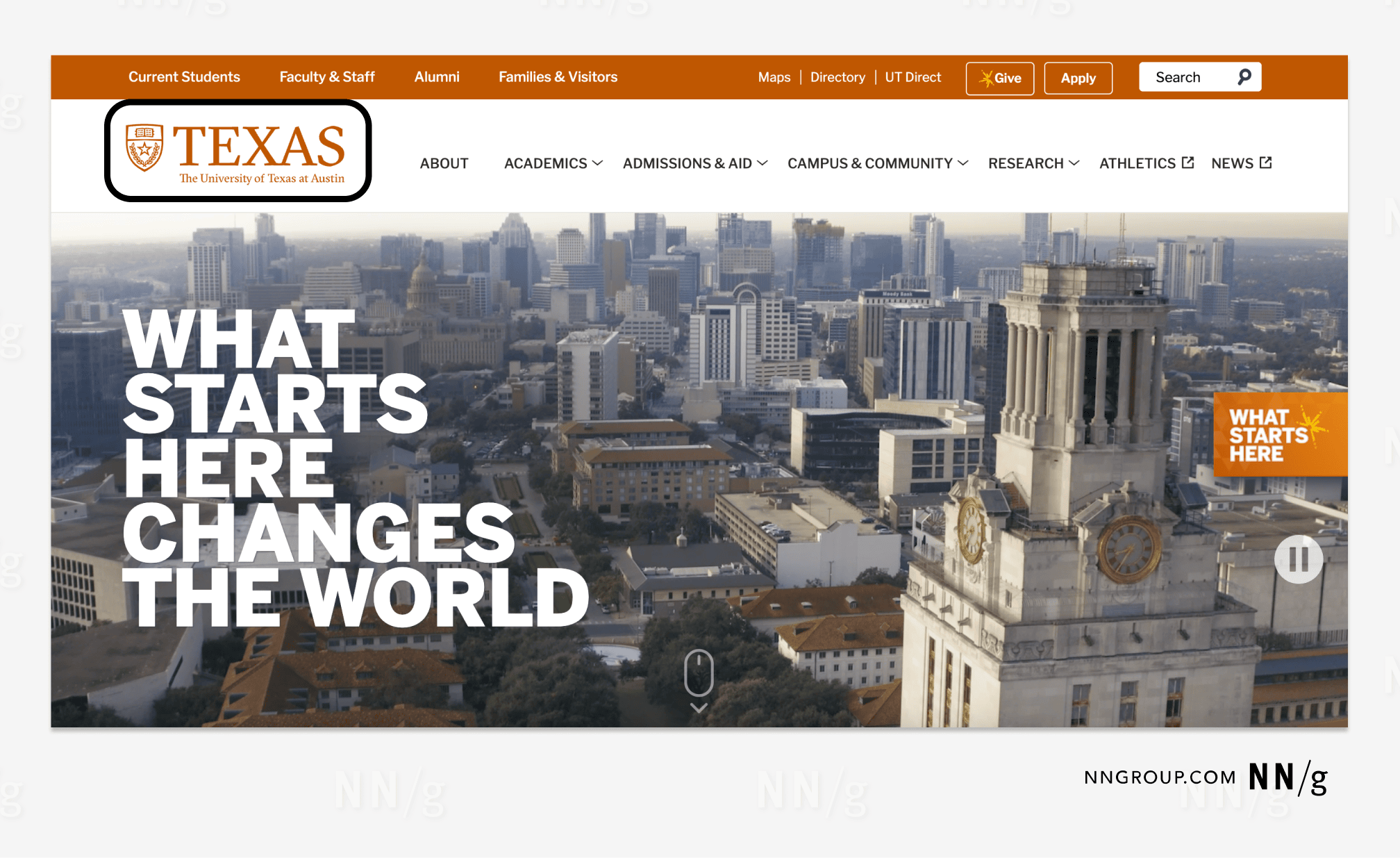 Screenshot of UT Austin homepage with UT logo in top-left corner. 