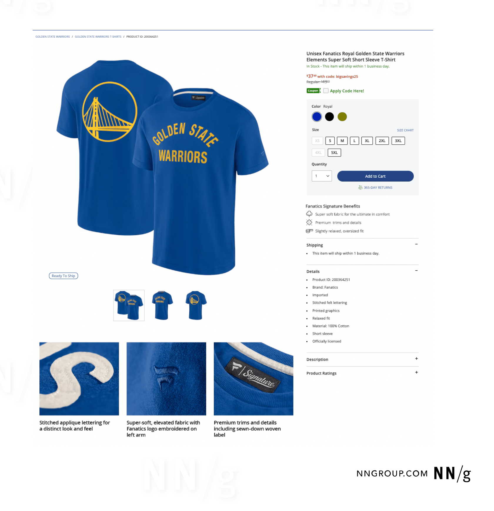 Screenshot of a product page for a royal blue t-shirt with the phrase 'Golden State Warriors.'