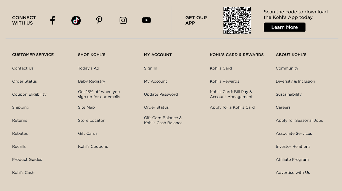 Kohls Footer Customer Service Links