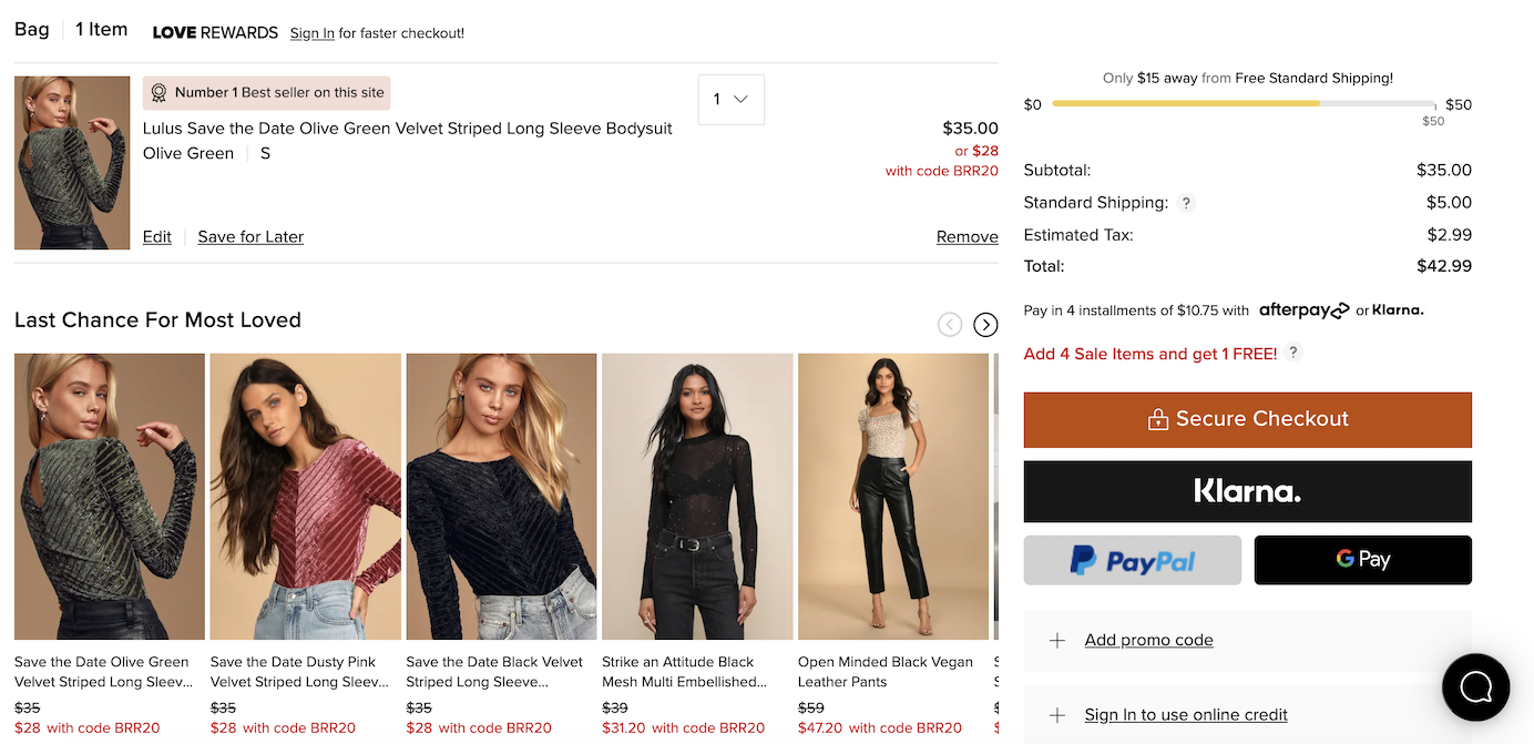 Lulus checkout page with a minimum spend indicator