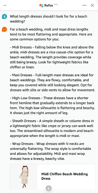 A screenshot of Amazon's AI Rufus. The output is presented as a long wall of text with minimal formatting.