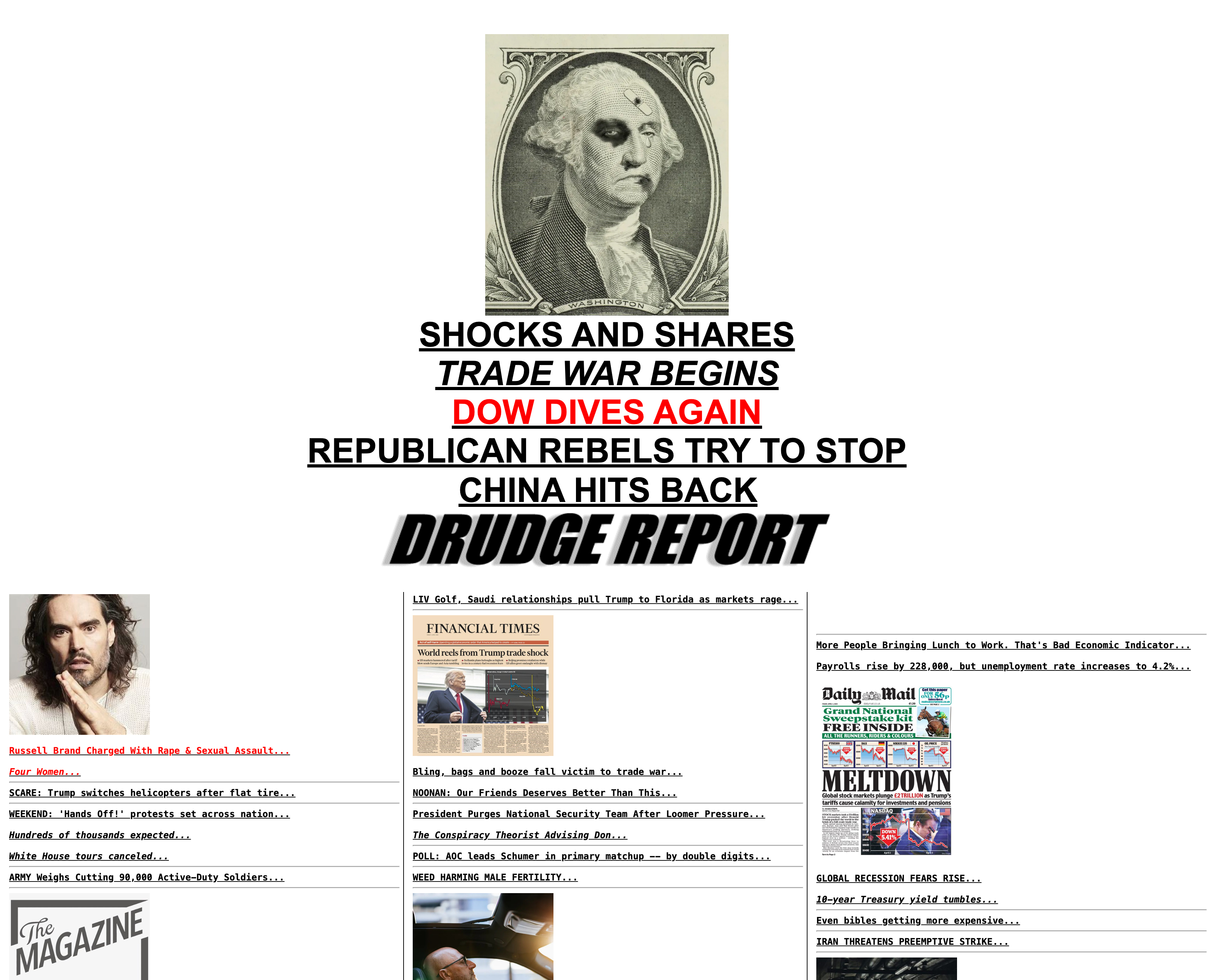 Drudge Report homepage with bold, stacked headlines in all caps, using black and red text. Monochrome layout with minimal images and heavy emphasis on dramatic typography.
