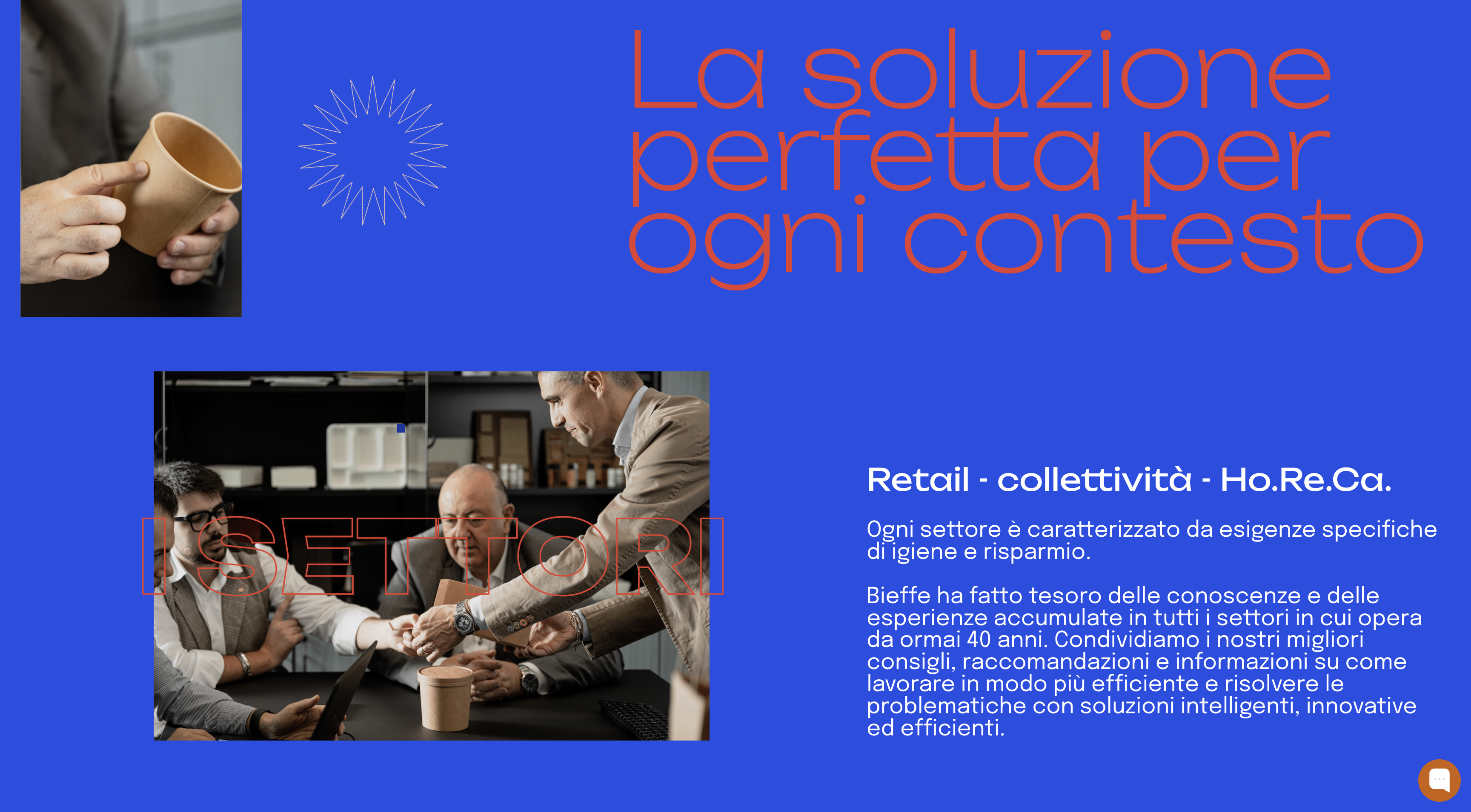 Bright blue web layout with large red headline text in Italian: “La soluzione perfetta per ogni contesto.” Includes business meeting photos, minimal icons, and white body text about retail and Ho.Re.Ca. sectors.