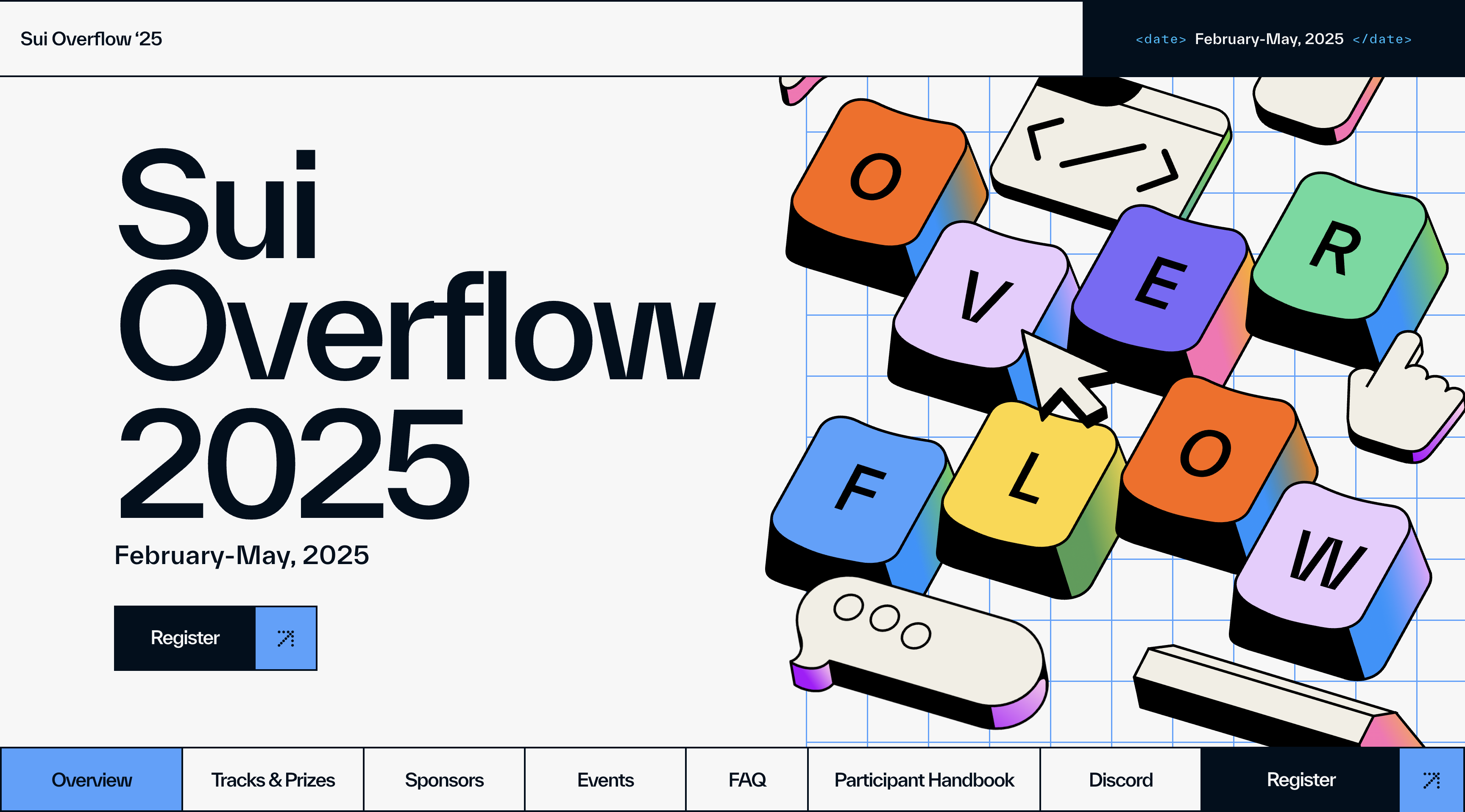 Landing page for "Sui Overflow 2025," a tech event running February–May 2025. Features bold black text on a light background with playful 3D keyboard keys spelling "OVERFLOW." Includes a navigation bar, register button, clear hierarchy, and strong color contrast for accessibility.