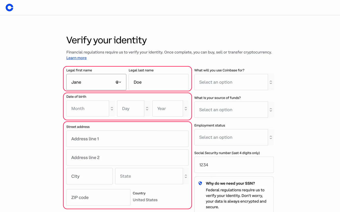 Identity verification form requesting personal details including name, date of birth, and address, with explanatory notes about data security and SSN use.