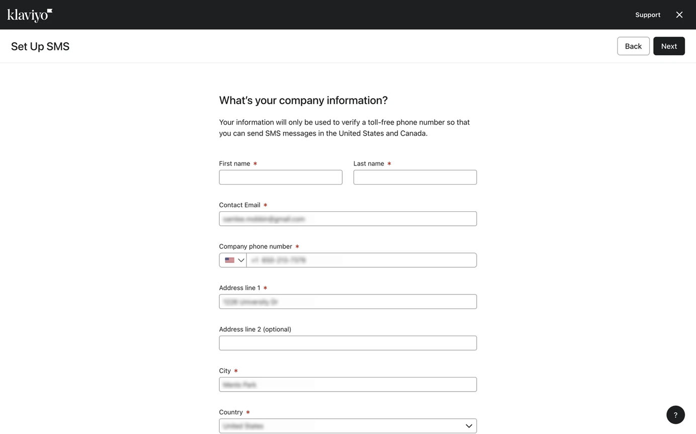 SMS setup form on Klaviyo requesting company details including name, email, phone number, and address. “Next” and “Back” buttons appear in the top-right corner.