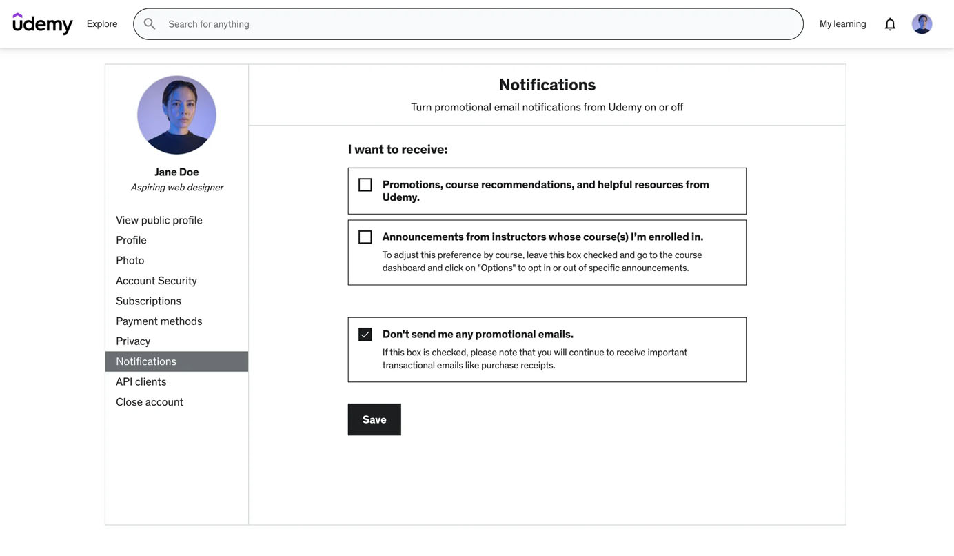 Udemy notification settings page showing three checkbox options for email preferences. “Don’t send me any promotional emails” is selected. Sidebar navigation is on the left.