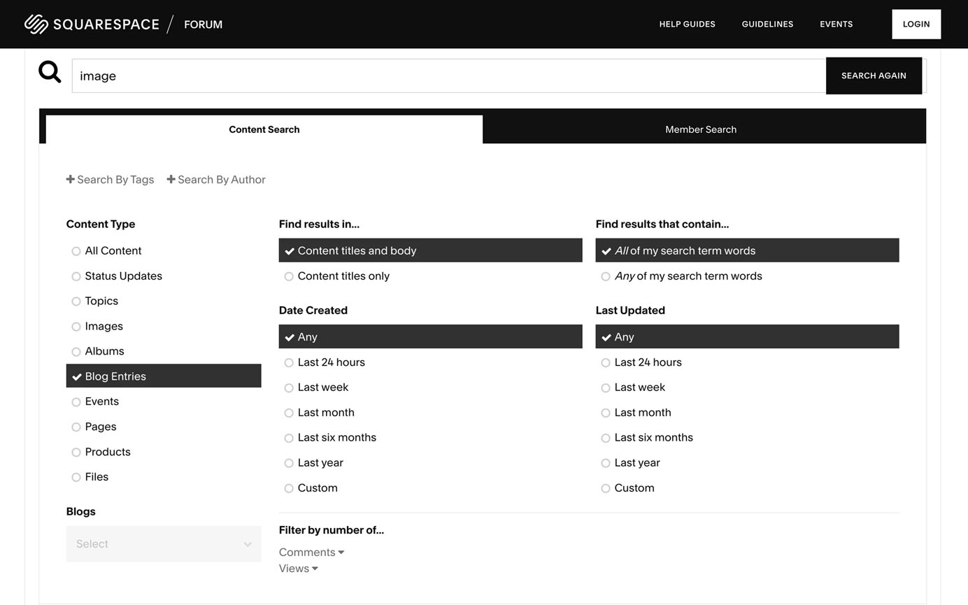 ChatGPT said: Squarespace forum content search interface with filters selected for “Blog Entries,” search in “Content titles and body,” and “All of my search term words.” Date filters are set to “Any.”