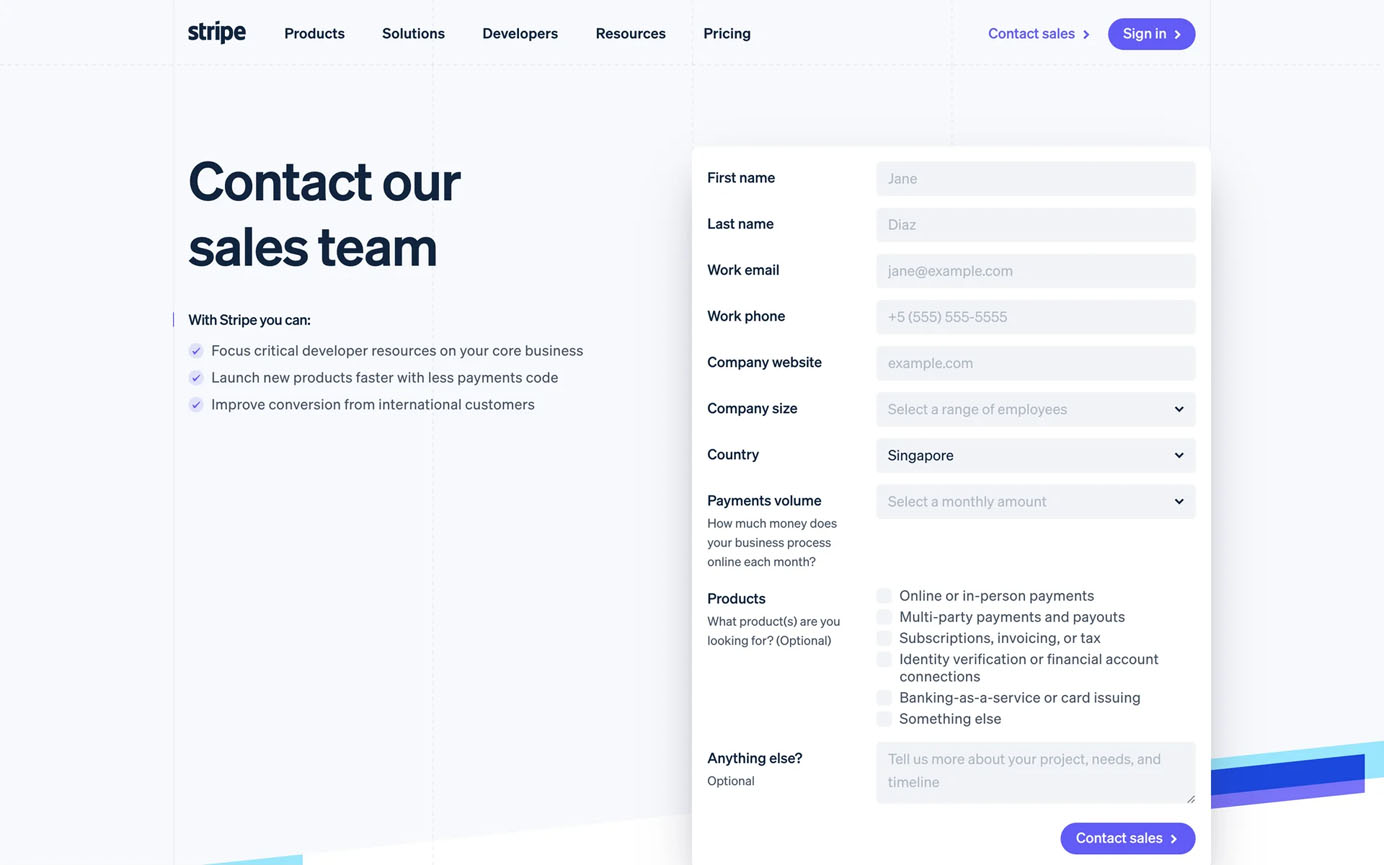 Stripe sales contact form with fields for personal, company, and payment details on the right, and marketing points on the left. “Contact sales” button in bottom right.