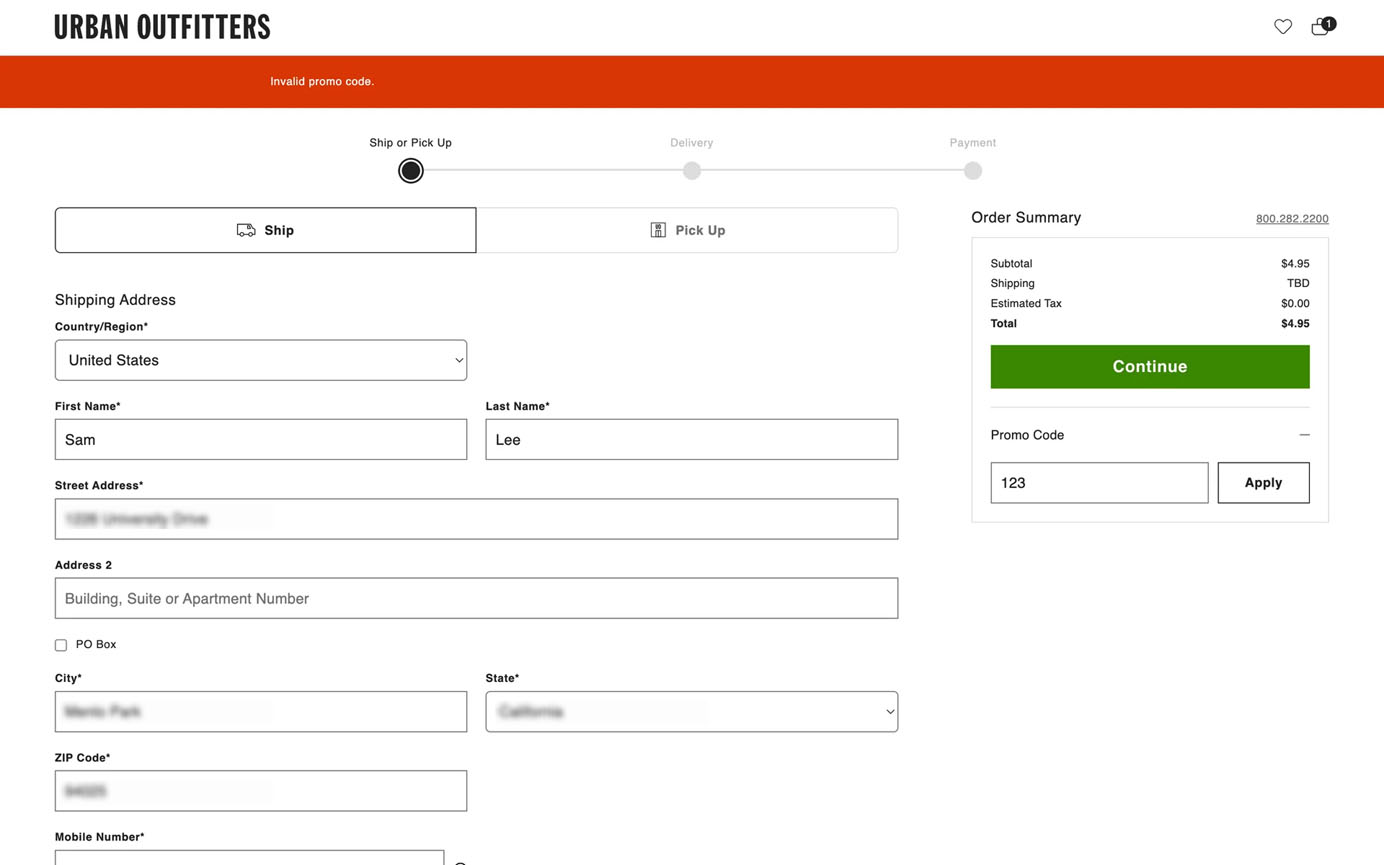 ChatGPT said: Urban Outfitters checkout form with shipping details on the left and order summary on the right. “Invalid promo code” message appears in red above. “Continue” button in green.