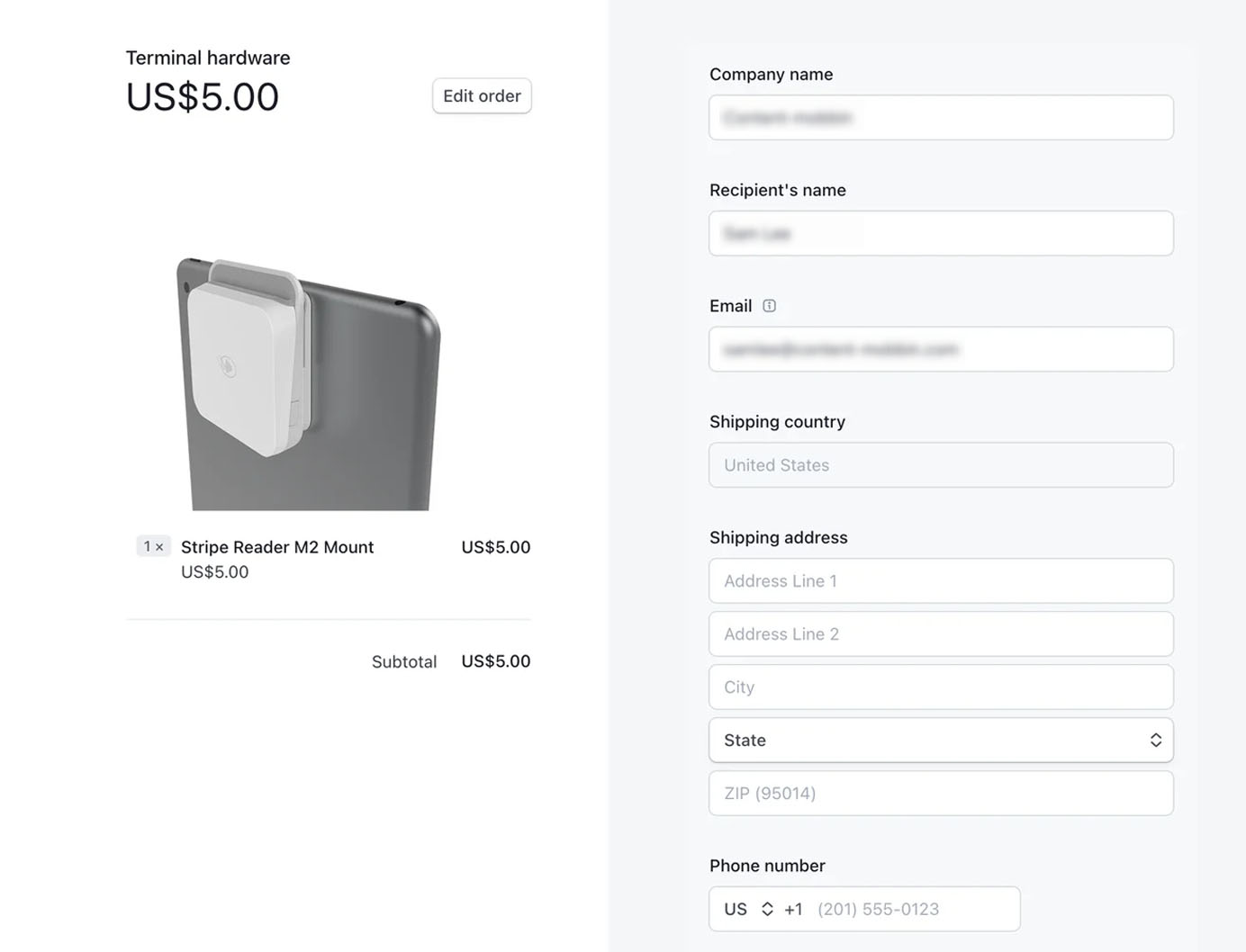 Checkout form showing a $5 Stripe Reader M2 Mount on the left and shipping details form on the right, including fields for name, email, address, and phone number.