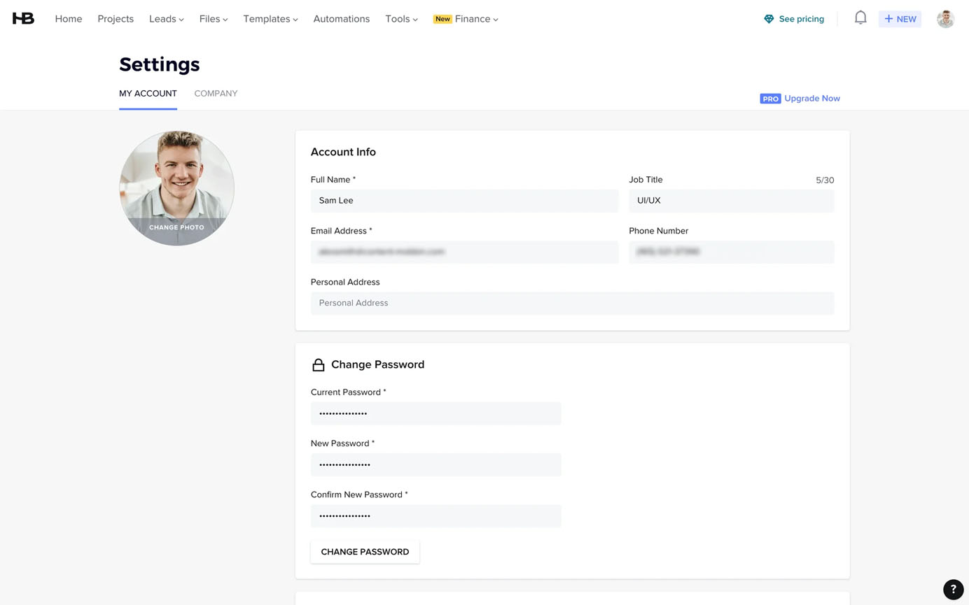 Account settings page showing a profile photo, personal info fields for name, job title, email, phone, and address, plus a password change form with masked inputs.