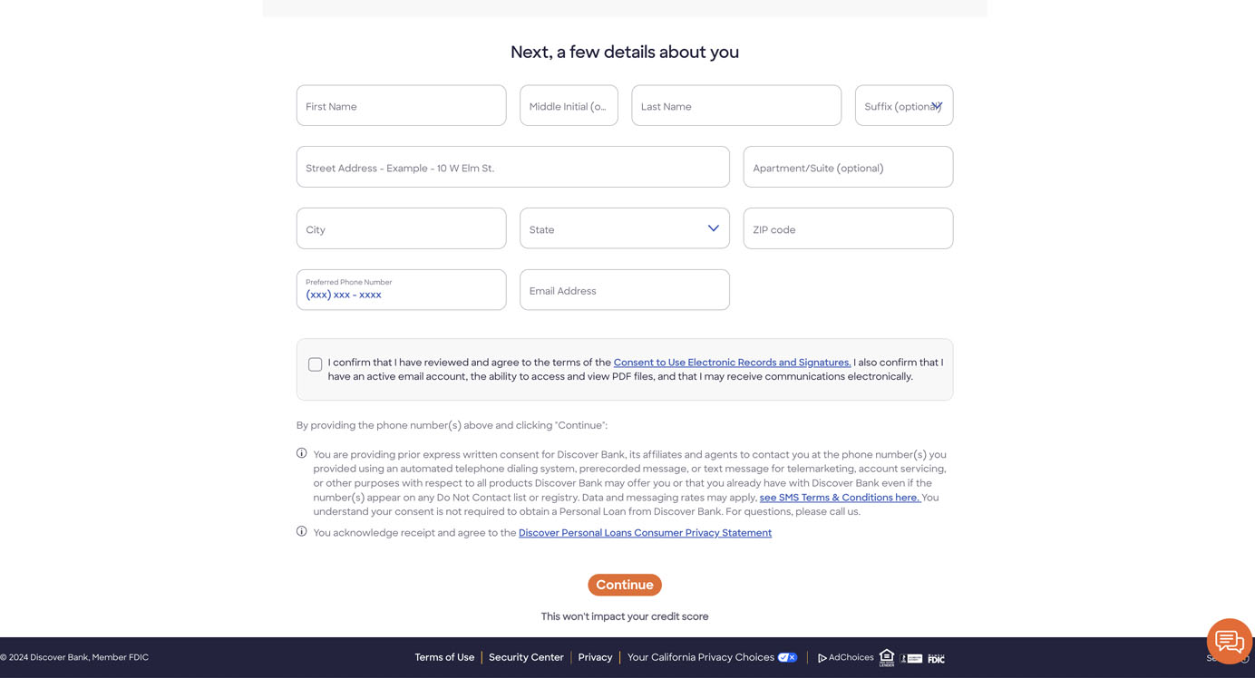 Form requesting personal details including full name, address, phone number, and email, with a required consent checkbox above a large orange "Continue" button.