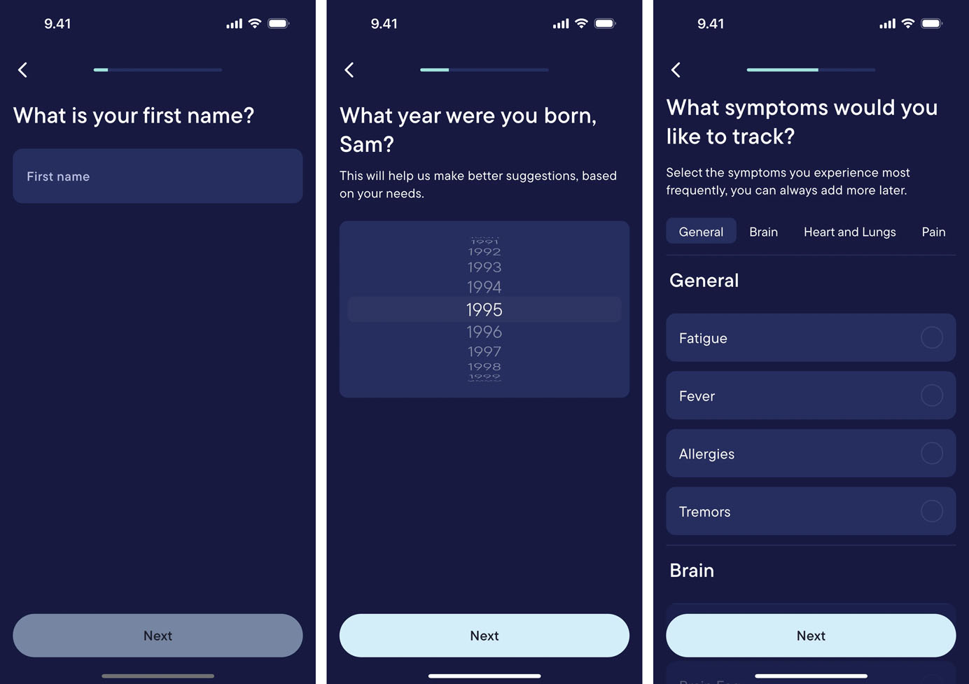 Three-step mobile onboarding screen with a dark theme: first asks for user's name, second asks for birth year with a scroll picker, third allows symptom tracking category selection.