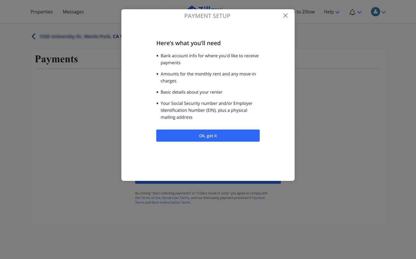 Centered modal titled “Payment Setup” listing required information for rent payments setup, including bank info, rent details, renter info, and SSN or EIN. “Ok, got it” button below.