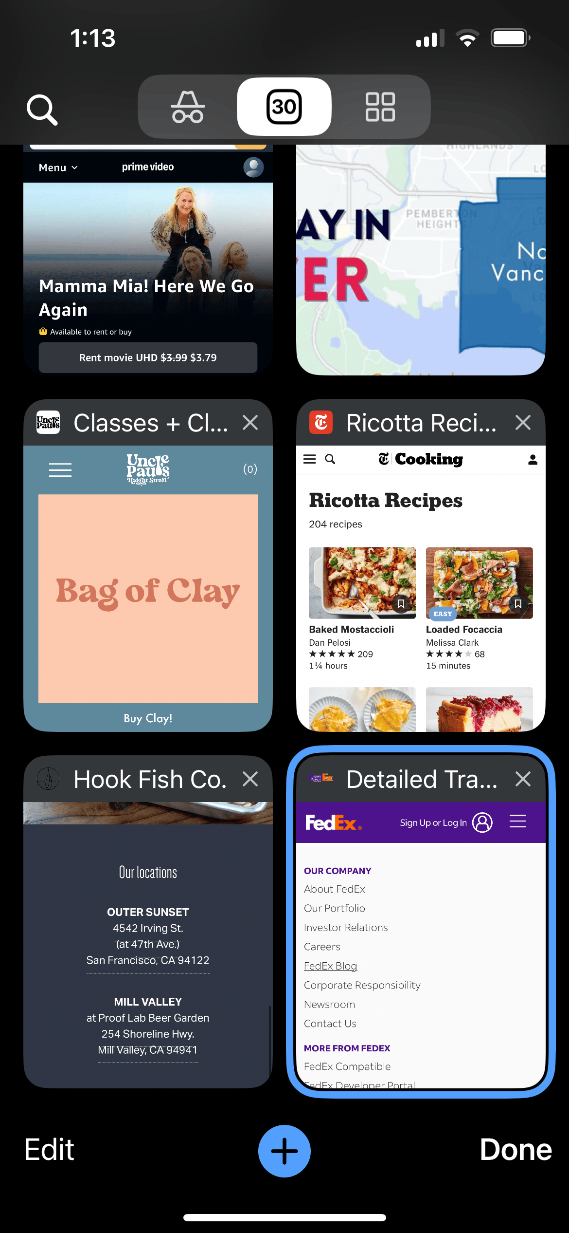 Descripción general de la pestaña Safari de iPhone con 6 pestañas abiertas: video Prime, recetas de ricotta de cocina NYT, tío Paul’s Clay's Clay Shop, Hook Fish Co., seguimiento de FedEx y un mapa.