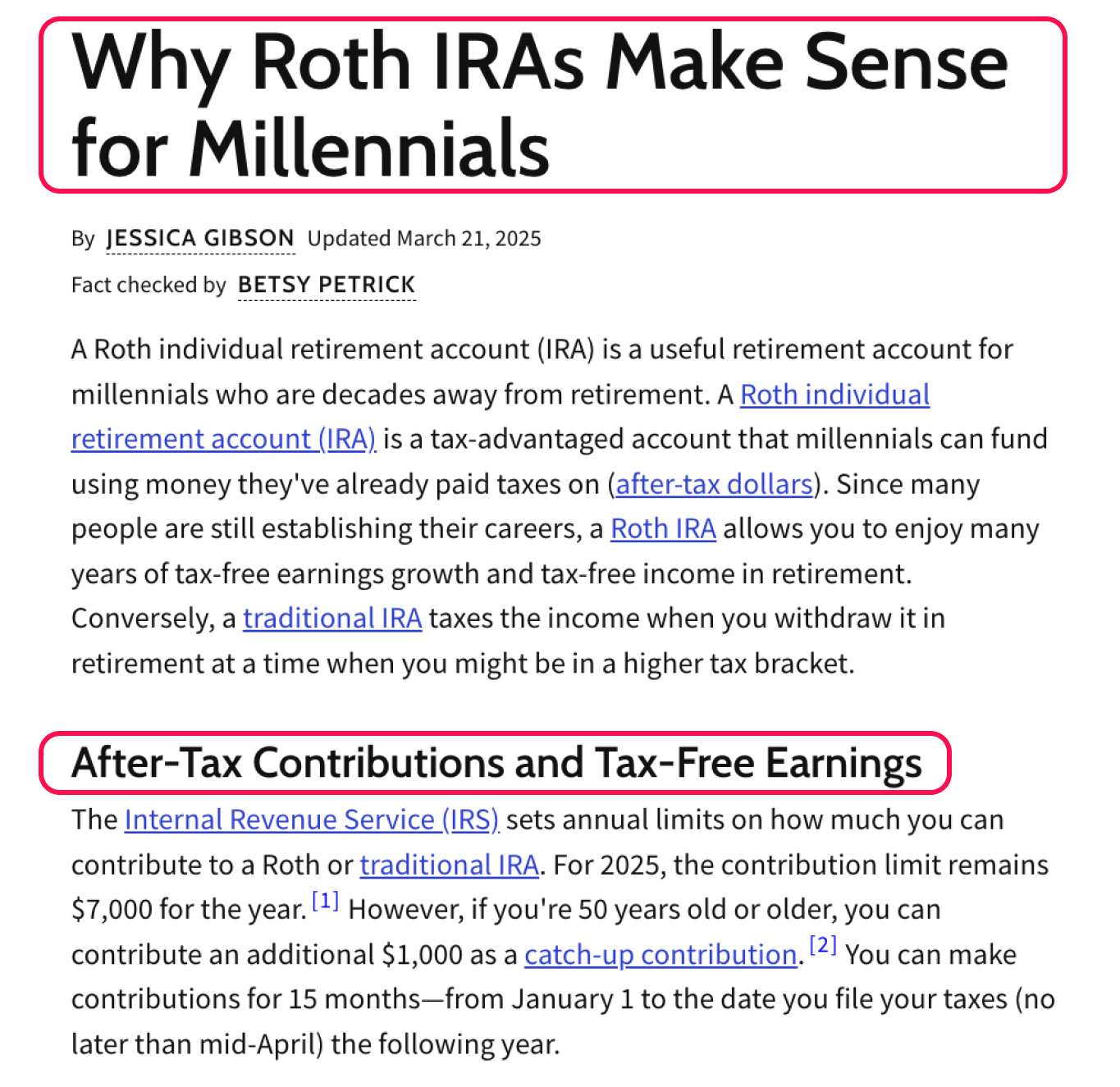El título dice: ¿Por qué Roth IRAS tiene sentido para los millennials? Título: donaciones después de impuestos y beneficios libres de impuestos.